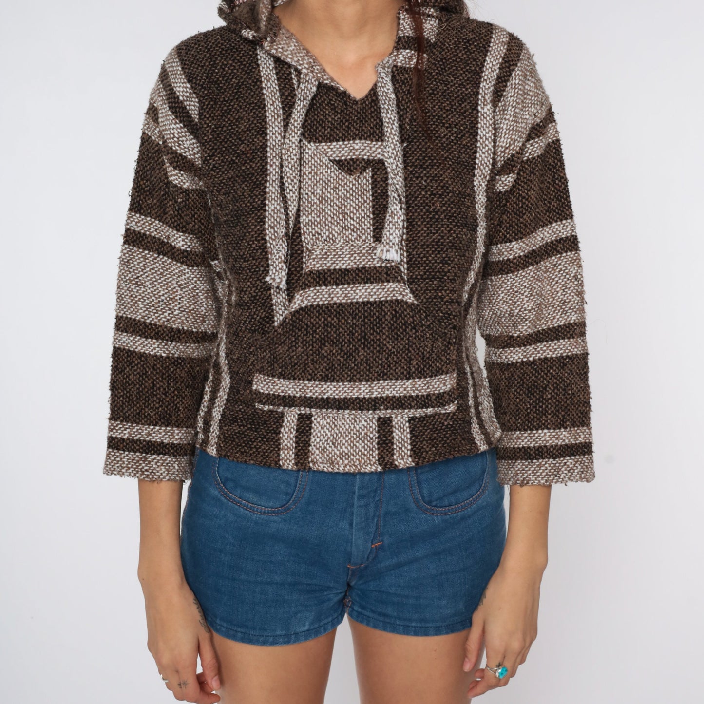 90s Mexican Drug Rug Hoodie Brown Stripe Kangaroo Pocket XXS