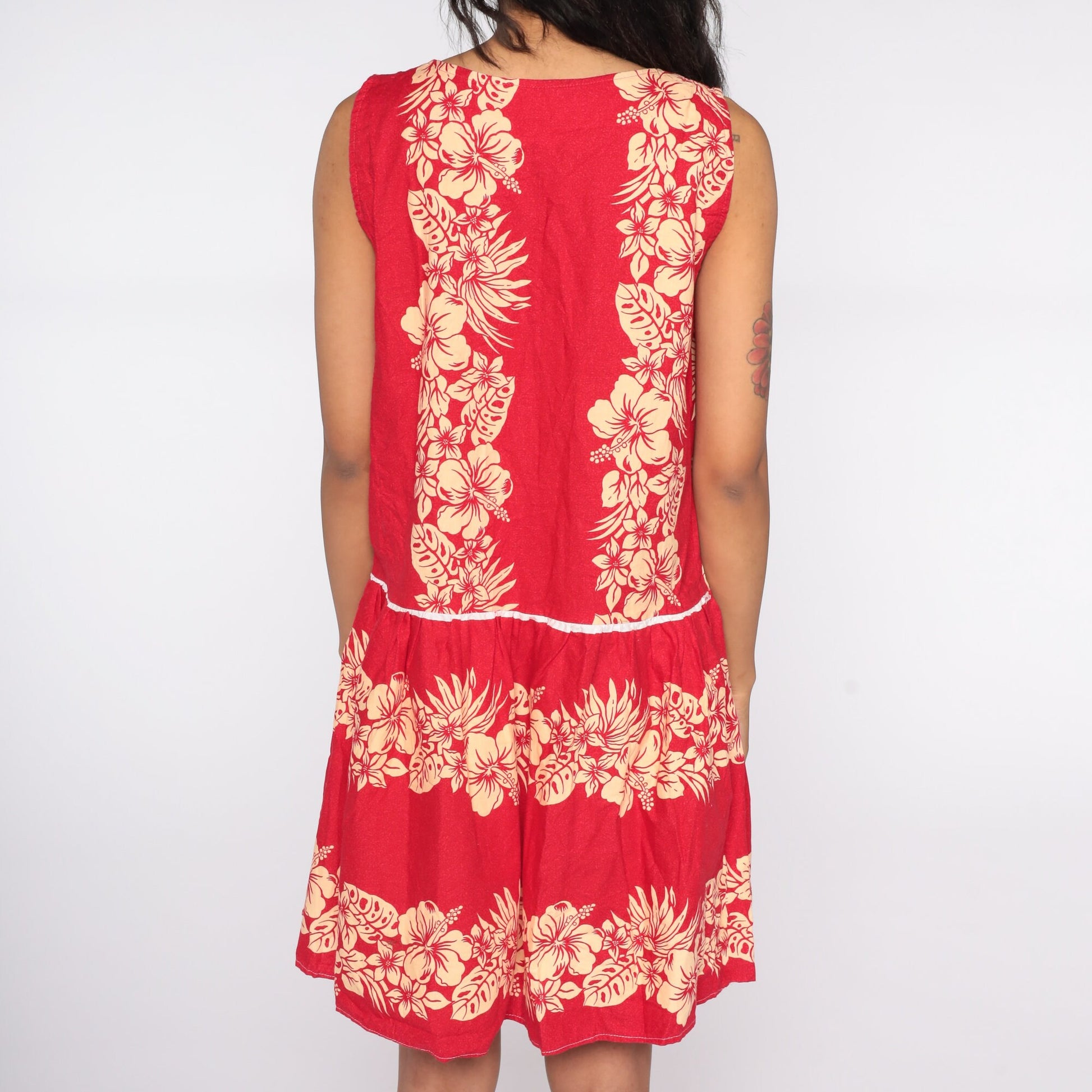 80s Tropical Floral Mini Dress Red Button-Up Sleeveless Medium