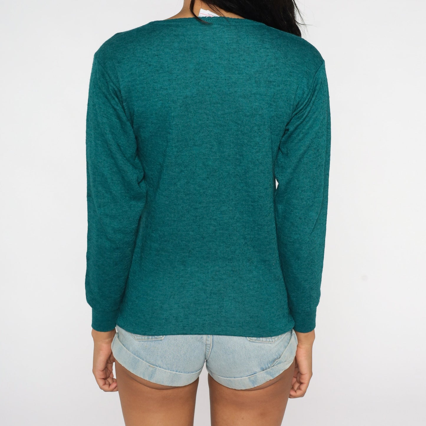 90s Teal Wool Blend Long Sleeve Knit Shirt Fitted Medium M