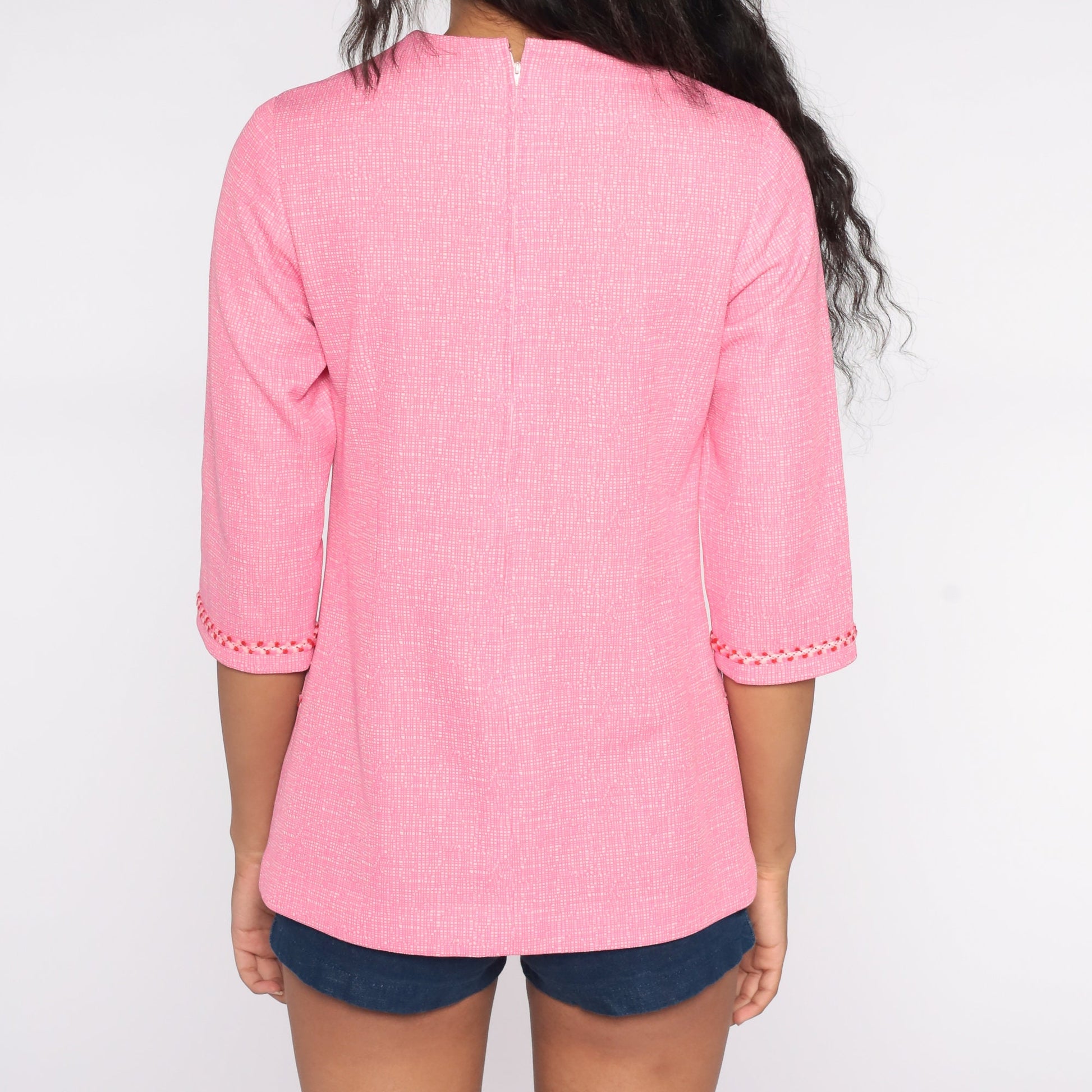 70s Pink Mod Blouse Pocket Shirt 3/4 Sleeve Polyester Knit Small S