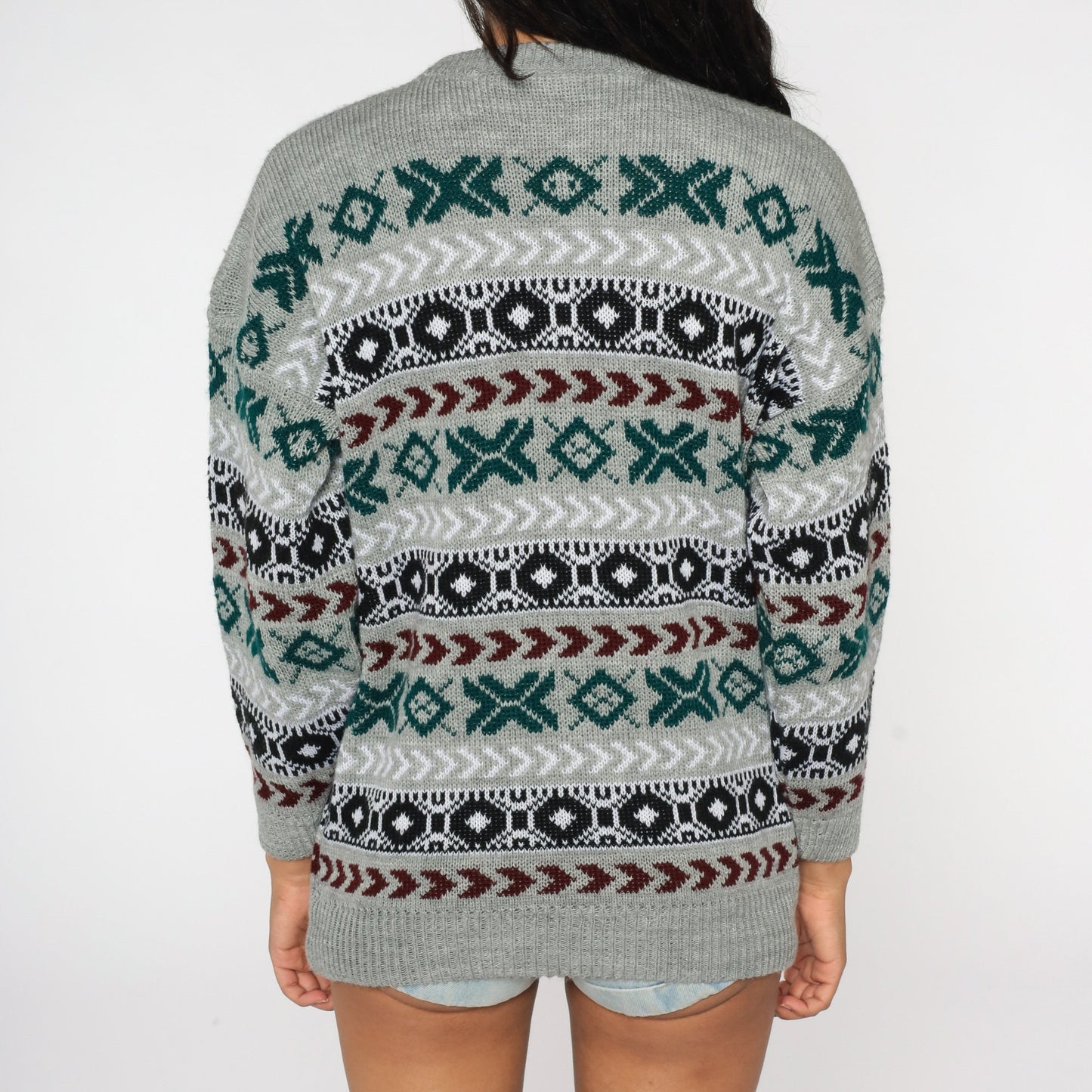 90s Grey Geometric Striped Knit Pullover Sweater Mens Large
