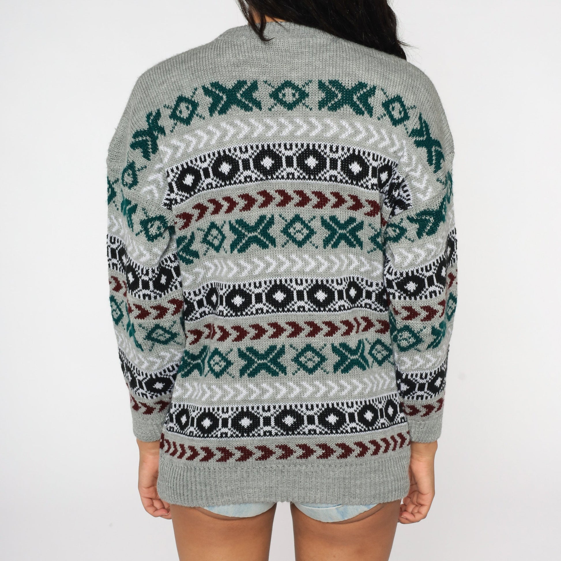 90s Grey Geometric Striped Knit Pullover Sweater Mens Large