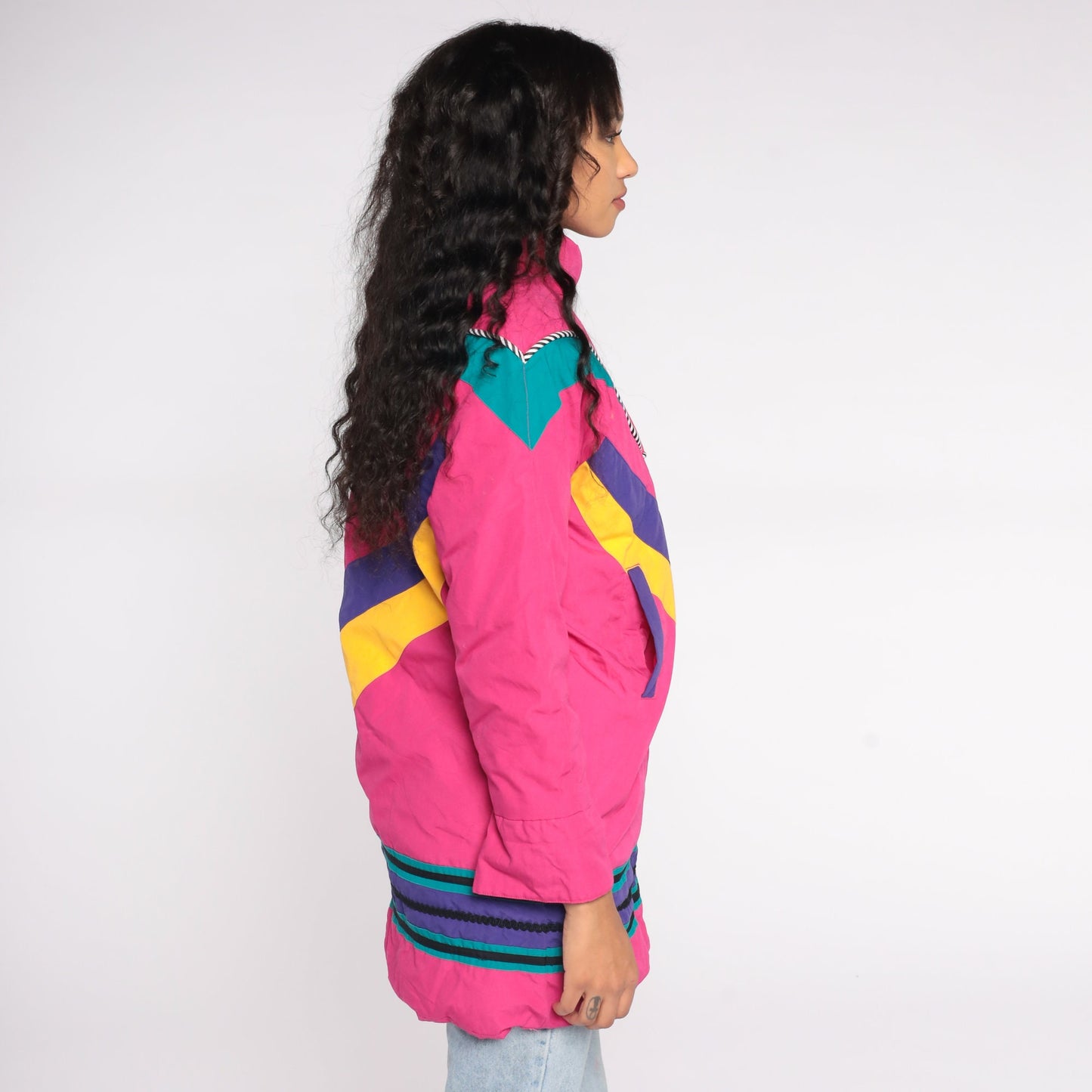 80s Neon Pink Puffer Ski Jacket Abstract Stripe Toggle Buttons Floral Lining Extra Small XS