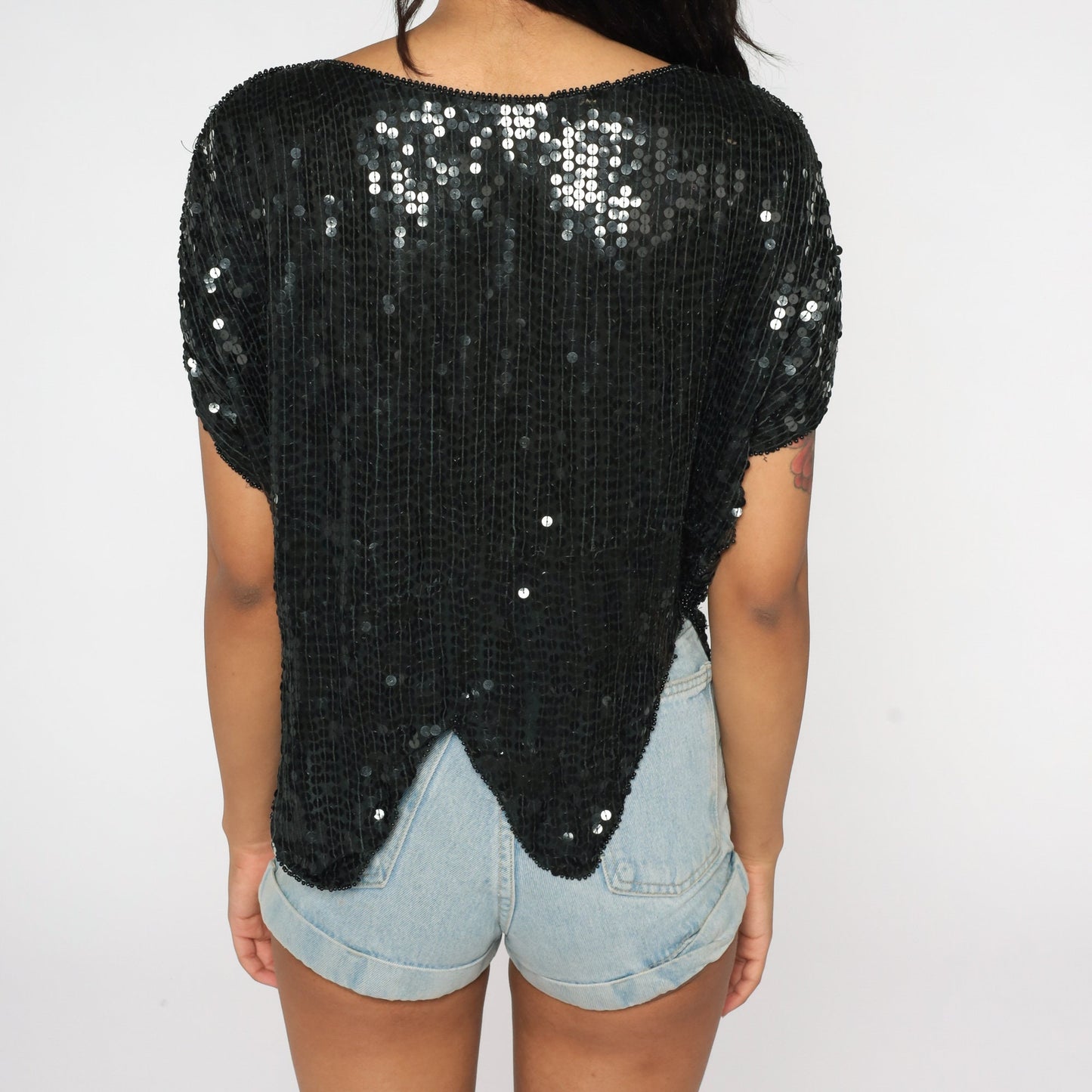80s Sequin Floral Blouse Black Blue Metallic Short Sleeve Small Medium
