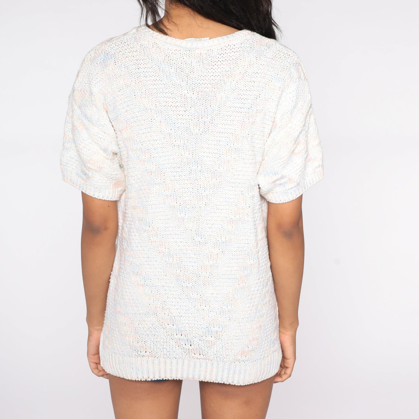 80s White Pastel Striped Knit Shirt Short Sleeve Medium Large