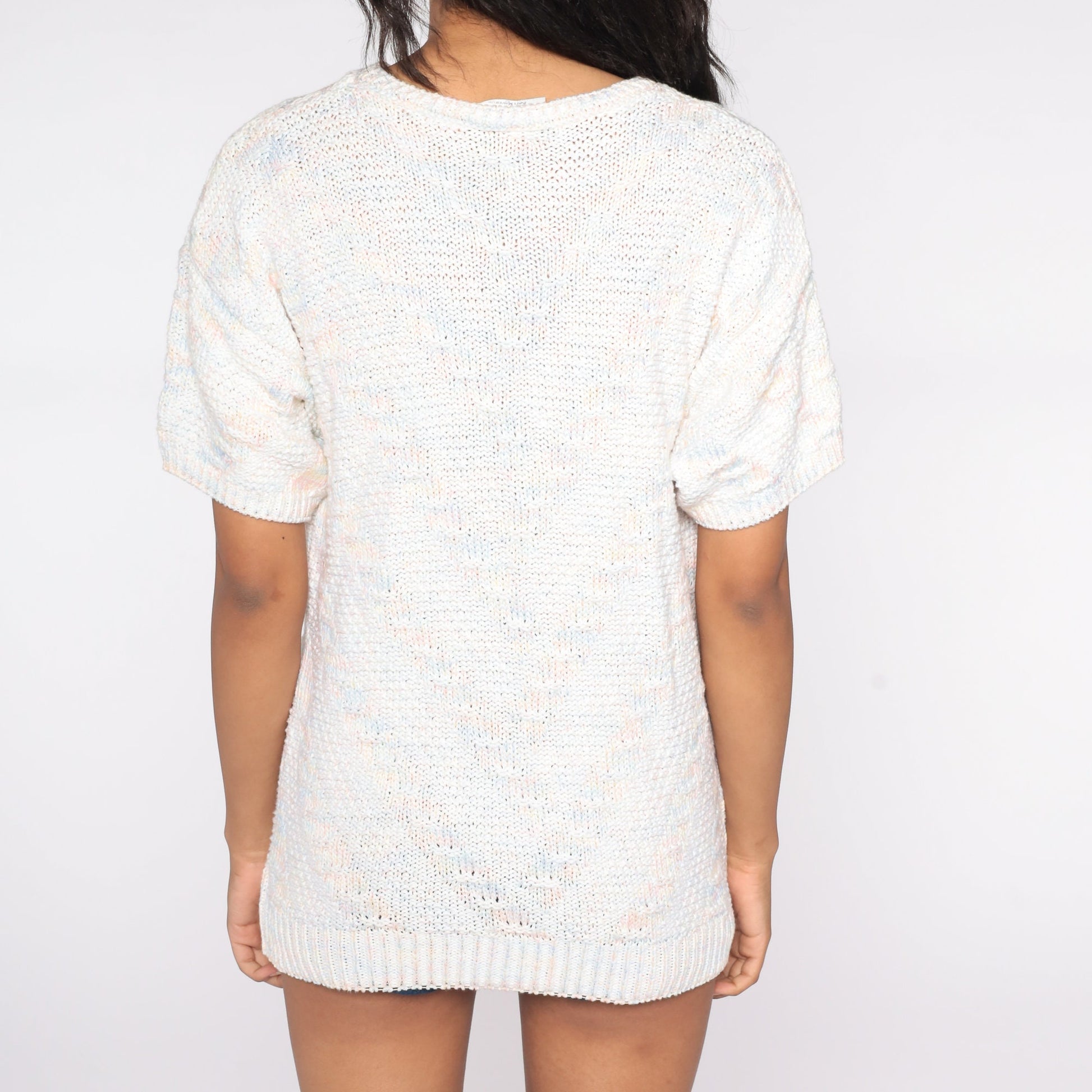 80s White Pastel Striped Knit Shirt Short Sleeve Medium Large