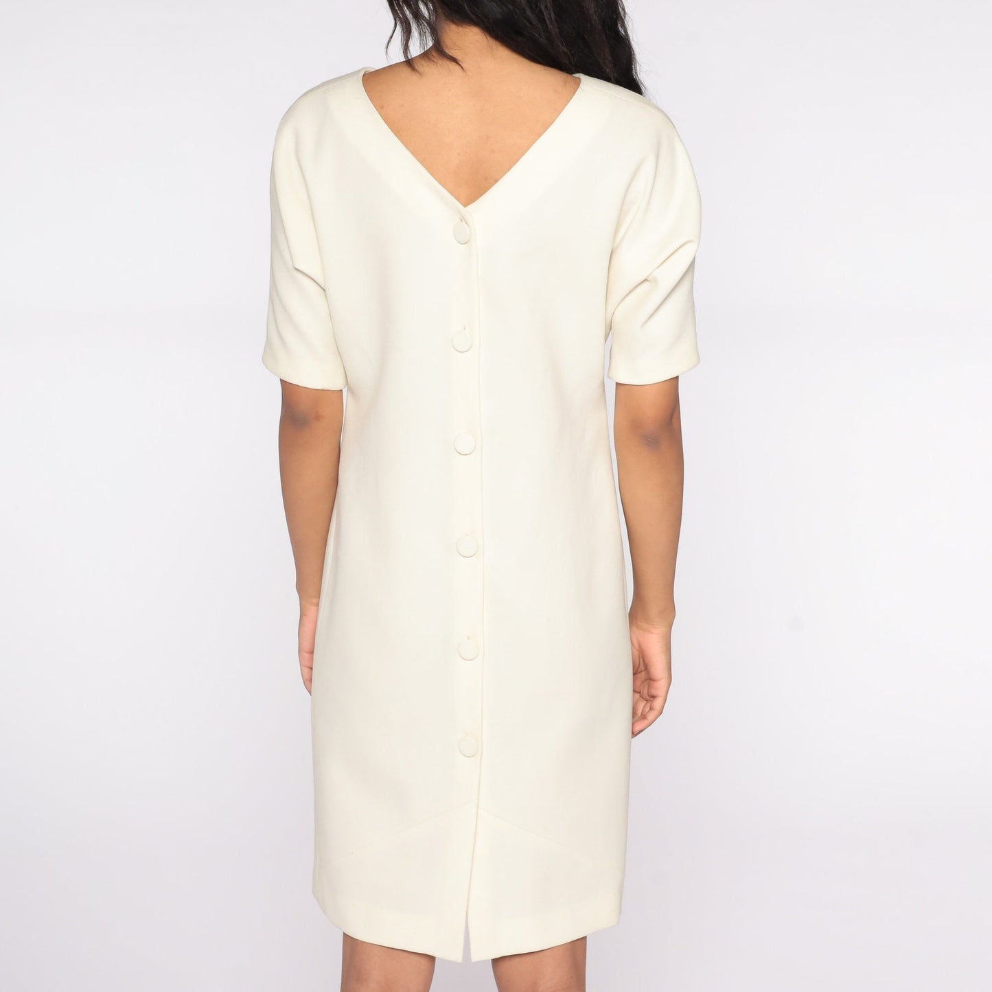 80s Cream Shift Dress Button Back Short Sleeve Knee Length Small