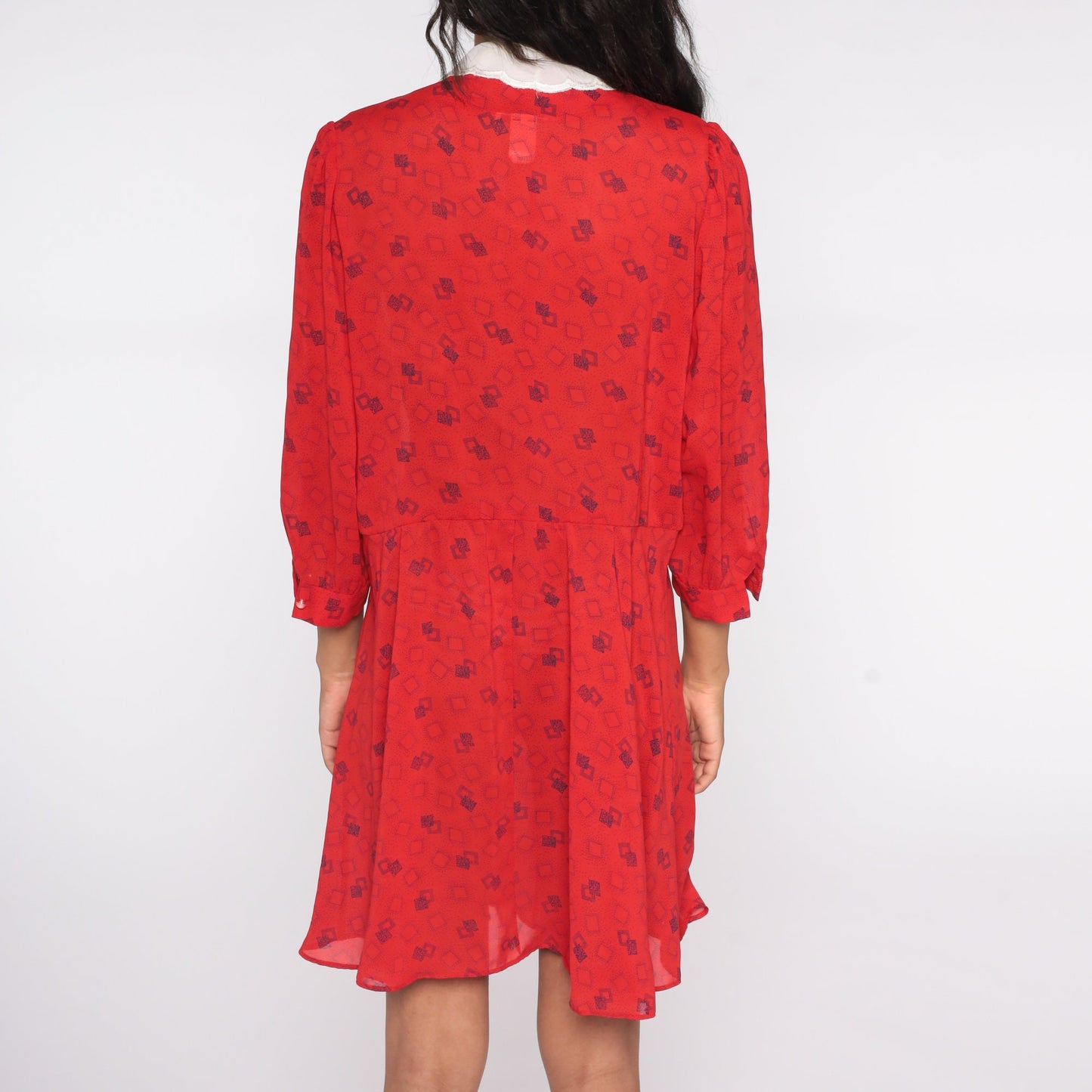 80s Geometric Print Wrap Dress Red Mini V-Neck High Waist Medium Large