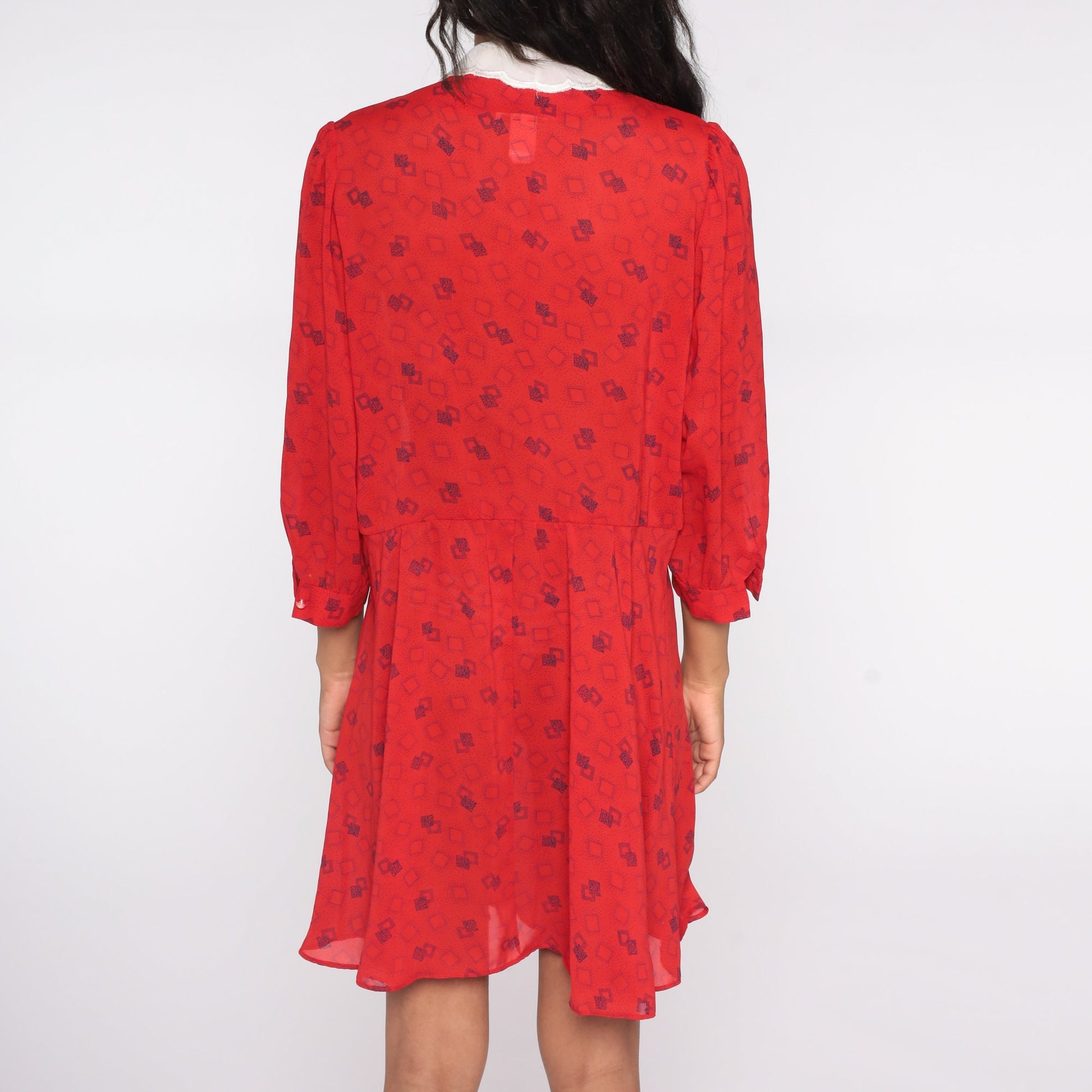 80s Geometric Print Wrap Dress Red Mini V-Neck High Waist Medium Large