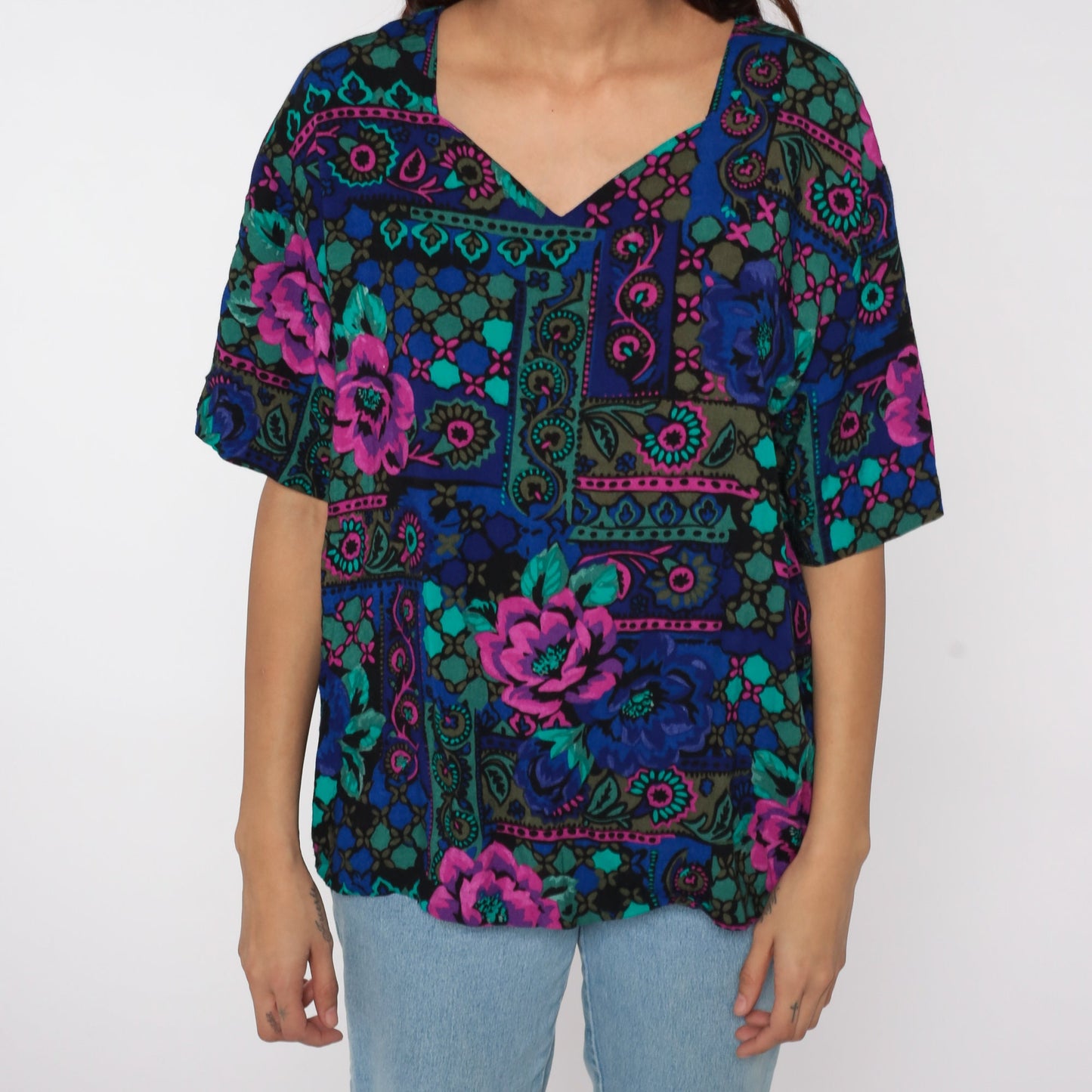 90s Geometric Floral Print Blouse Short Sleeve V-Neck Multicolor Large