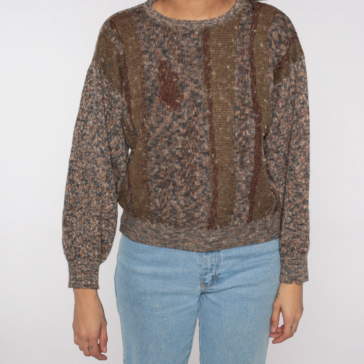 80s Brown Striped Wool Blend Crewneck Sweater Pullover Medium M