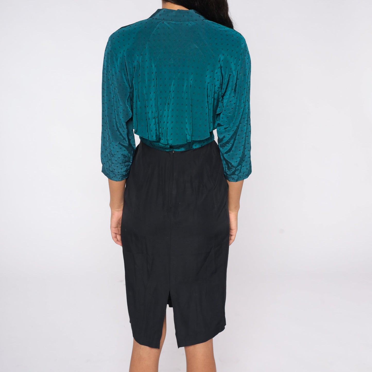 80s Teal Black Color Block Mini Dress Button Up Sheath Small S