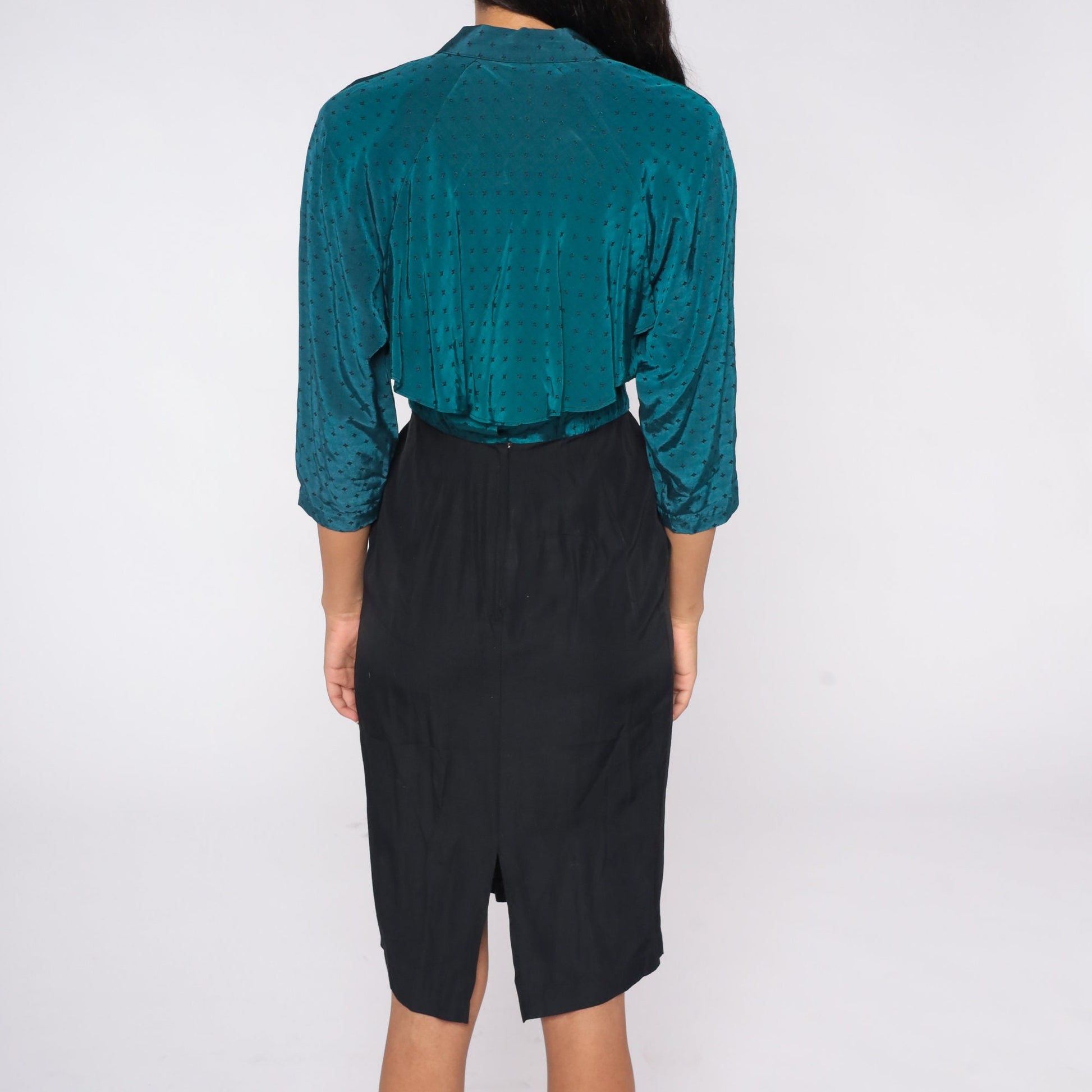 80s Teal Black Color Block Mini Dress Button Up Sheath Small S