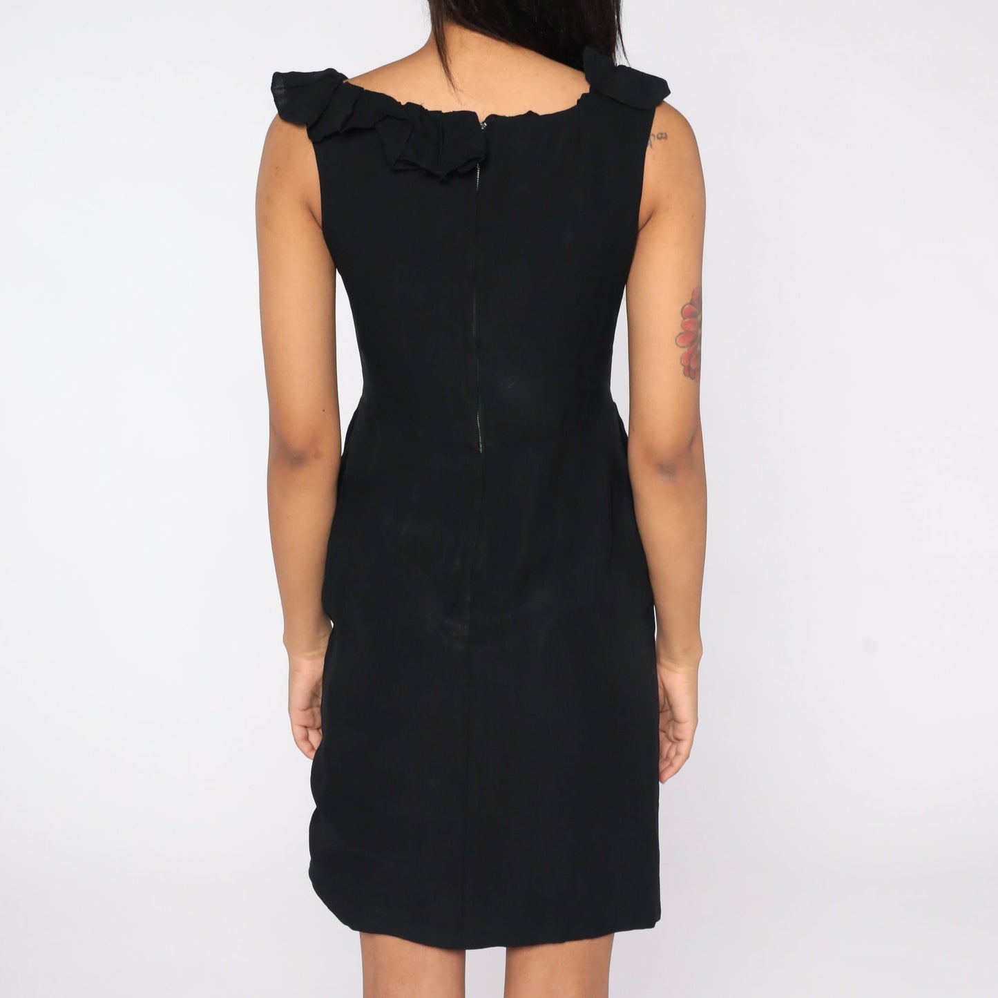 1960s Black Sheath Dress Ruffled Neckline High Waist Pencil Skirt Small