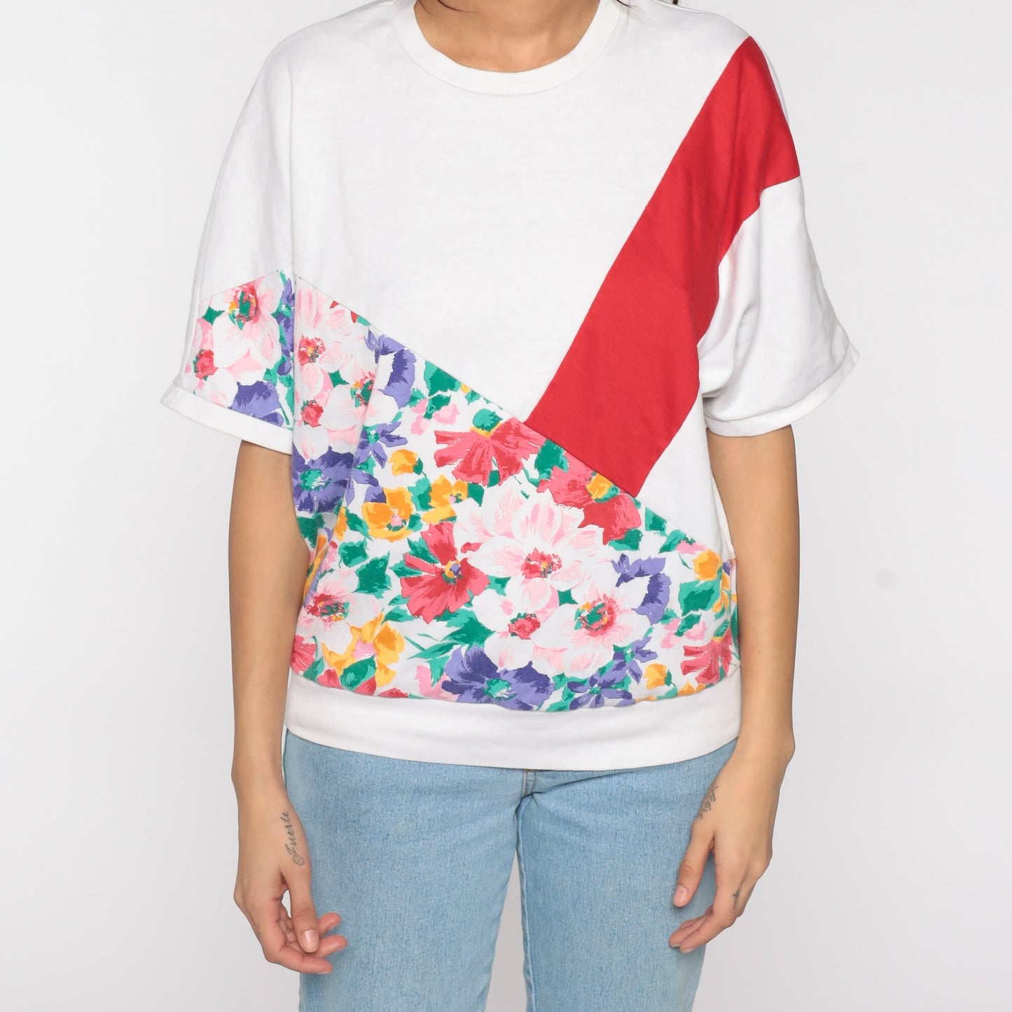 80s Floral Colour Block Top White Red Stripe Short Sleeve Crewneck Medium