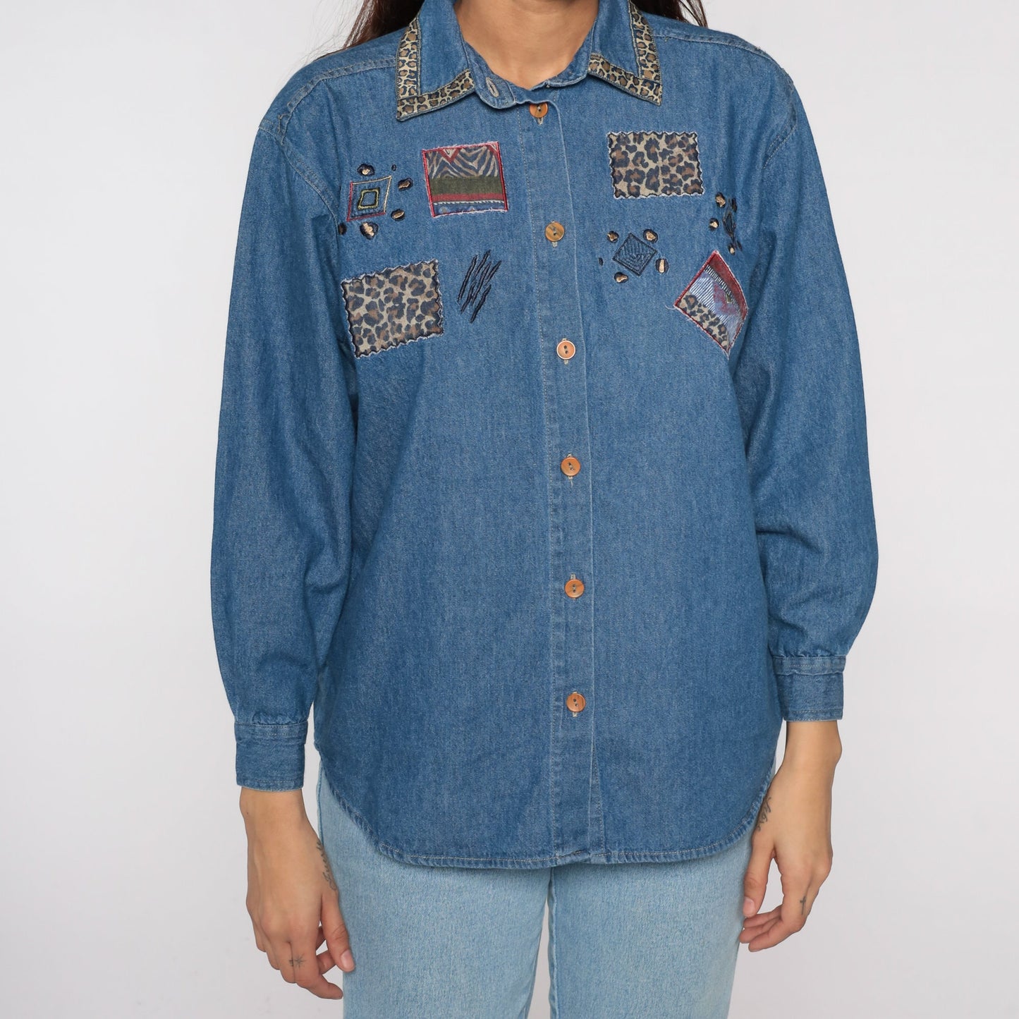90s Denim Shirt Leopard Patchwork Abstract Blue Button Up Medium