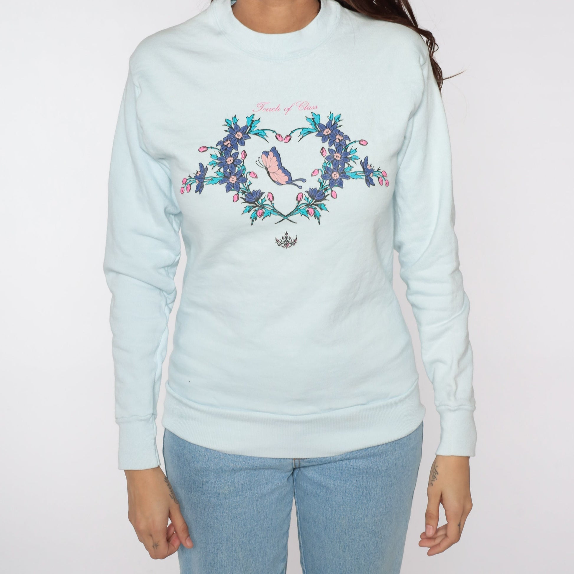80s Touch Of Class Butterfly Floral Sweatshirt Baby Blue Crewneck Extra Small