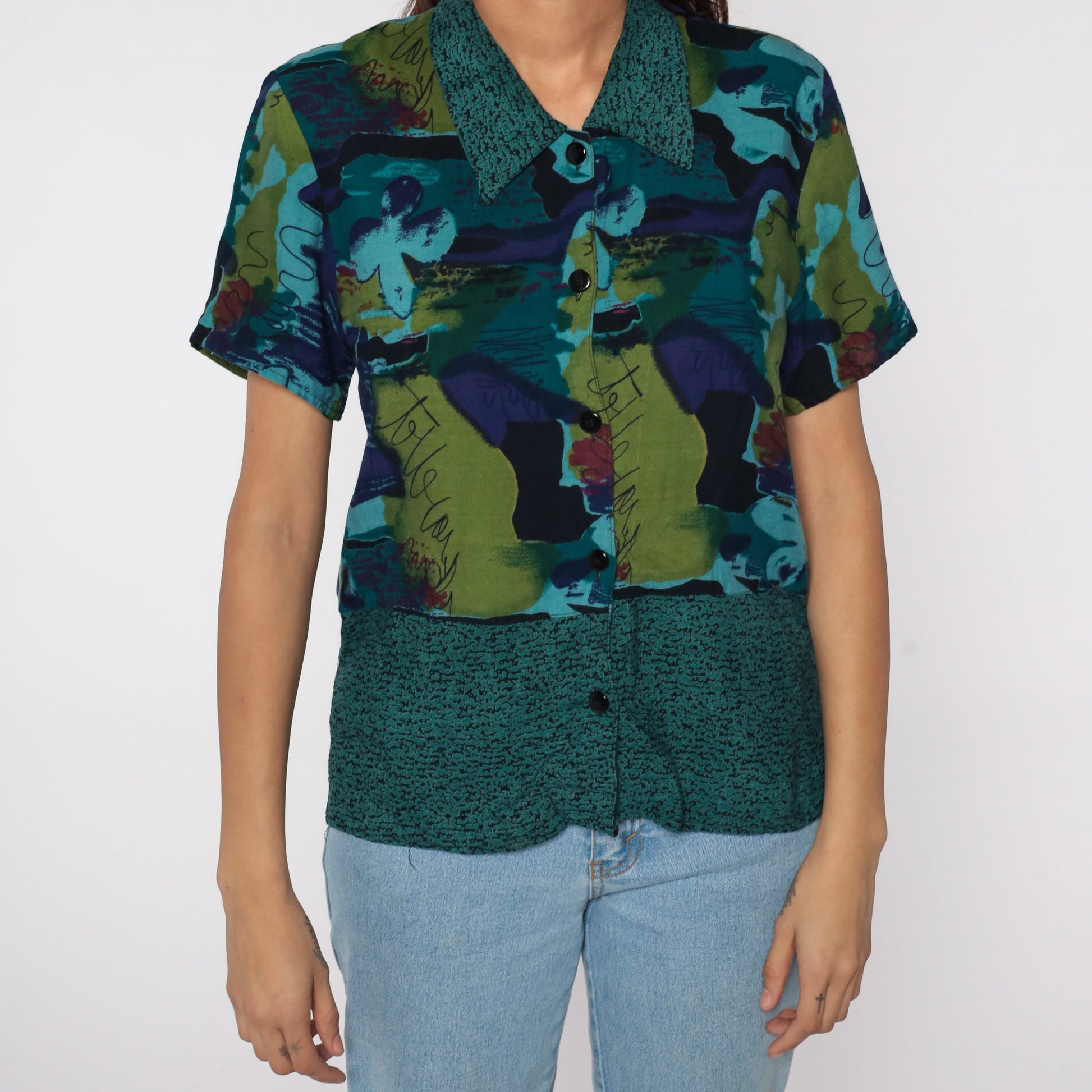 90s Abstract Watercolor Button-Up Blouse Dark Blue Green Short Sleeve Medium