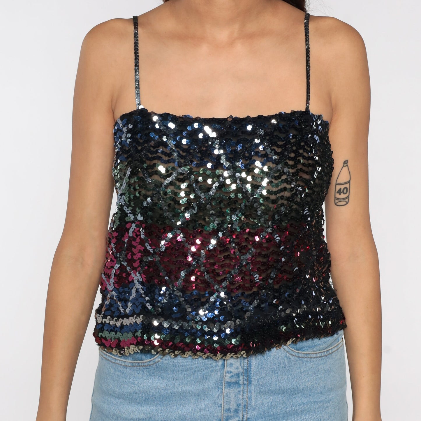 80s Black Sequin Tank Top Striped Diamond Pattern Crop Spaghetti Strap Medium