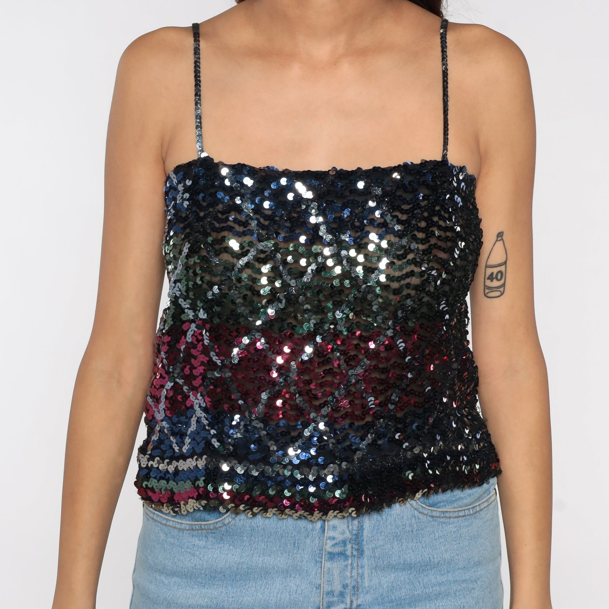 80s Black Sequin Tank Top Striped Diamond Pattern Crop Spaghetti Strap Medium
