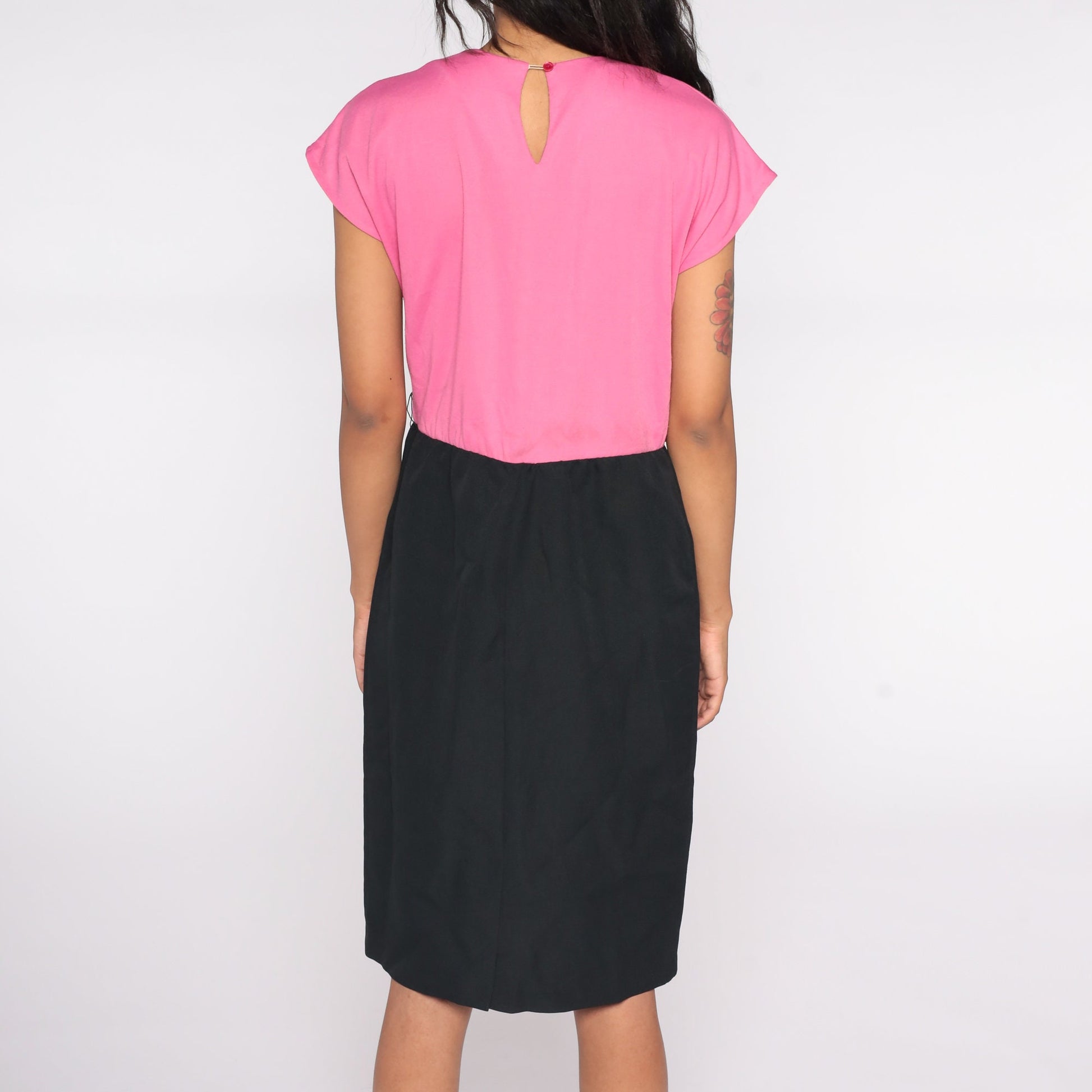 80s Black Pink Color Block Midi Sheath Dress Cap Sleeve Medium