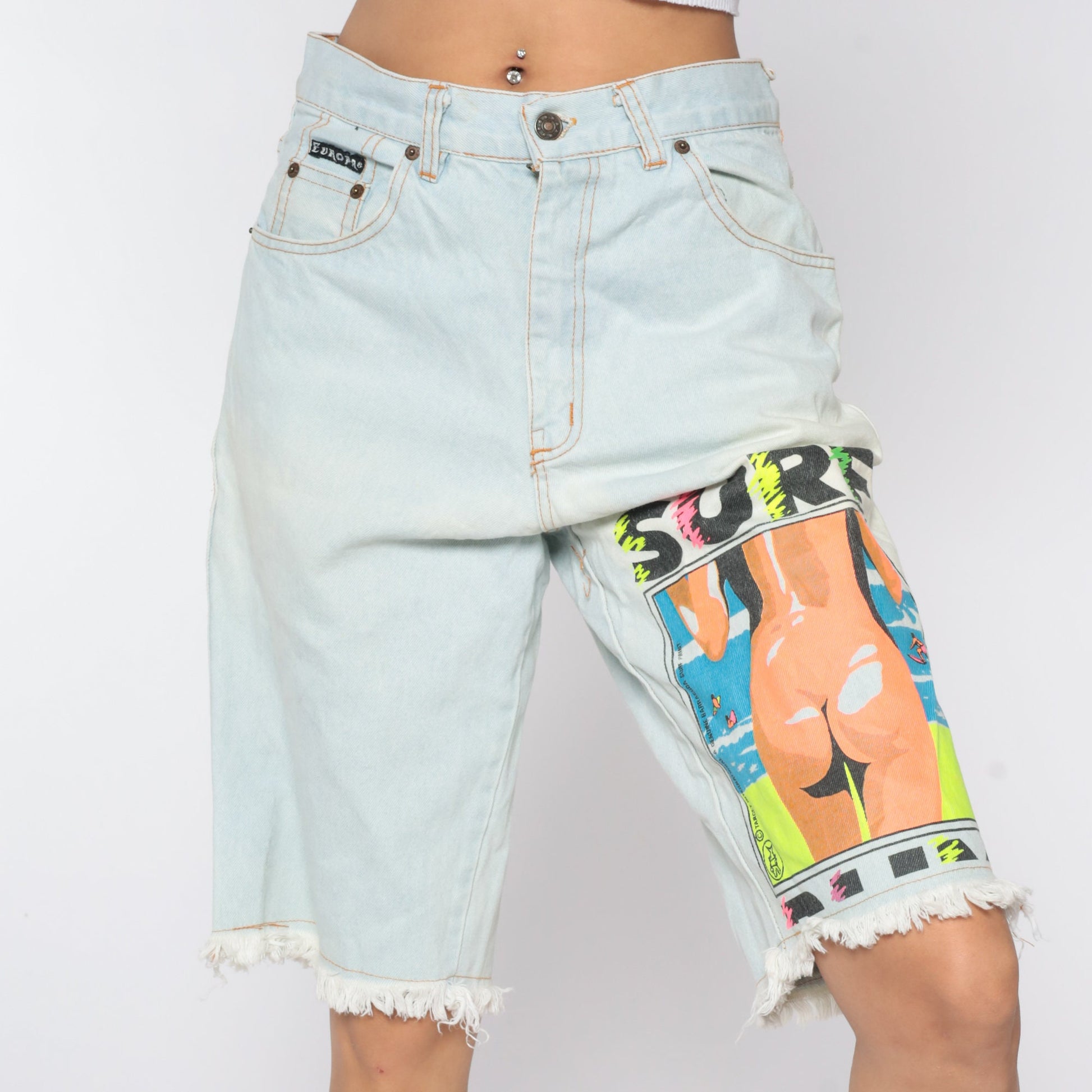 90s Neon Surfer Denim Shorts High Waisted Blue Jean Bermuda Medium
