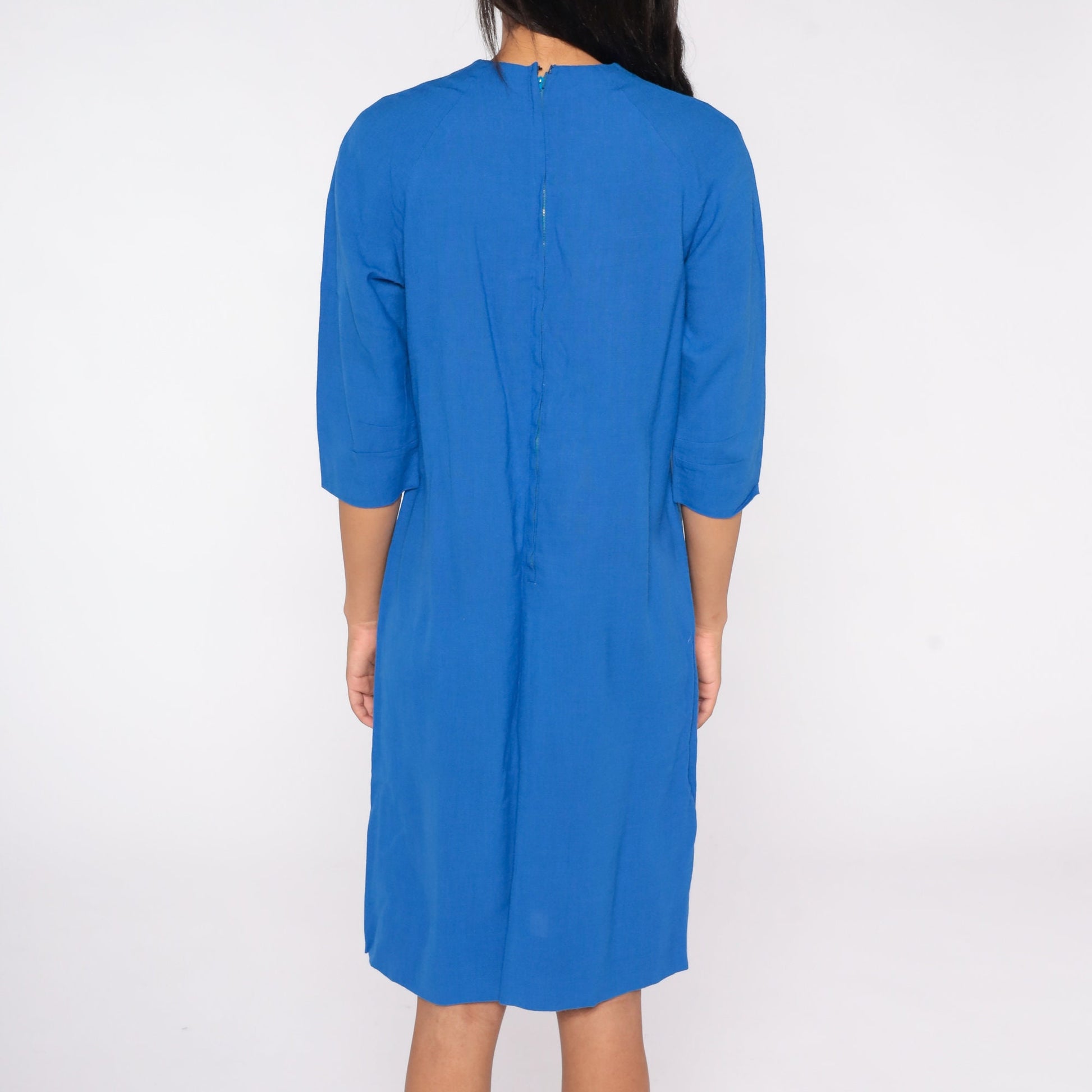 70s Blue Shift Dress Midi Length Raglan Sleeve Medium