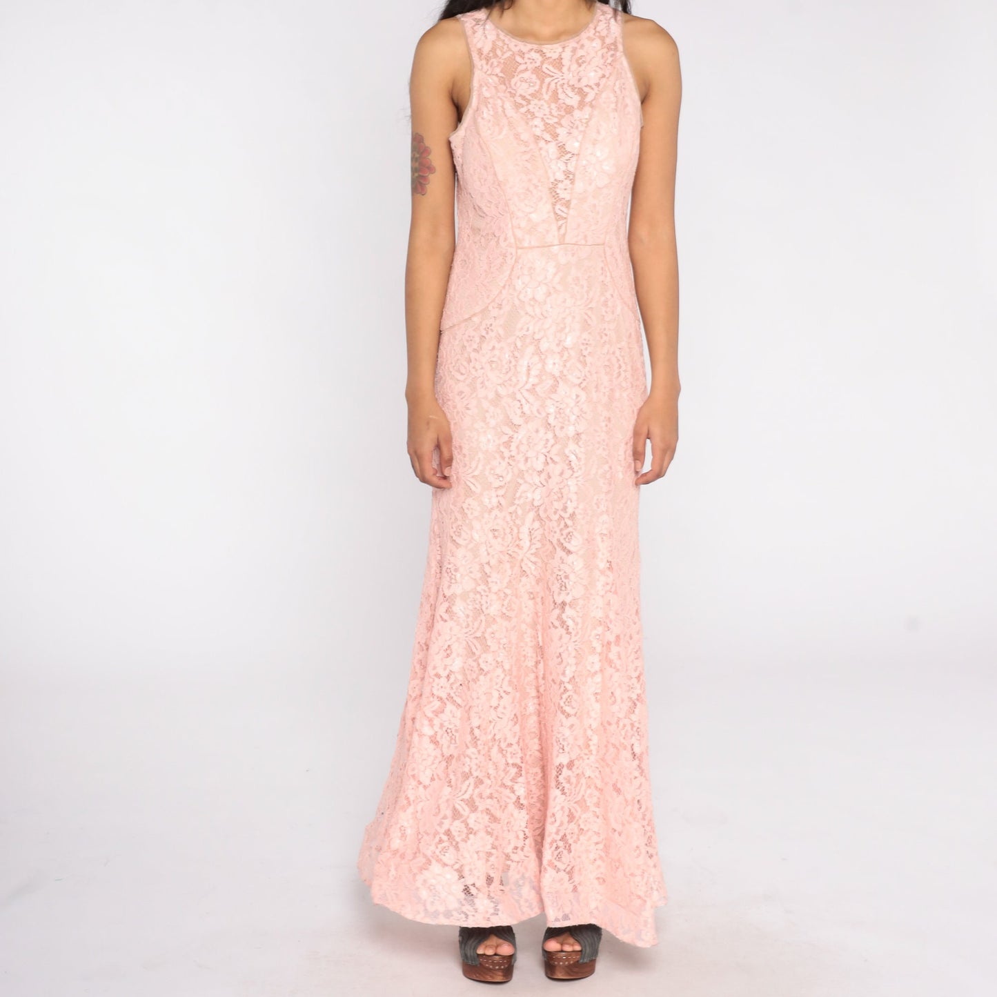 Y2K Baby Pink Lace Maxi Dress Plunge Illusion Neckline Sleeveless Large 12P