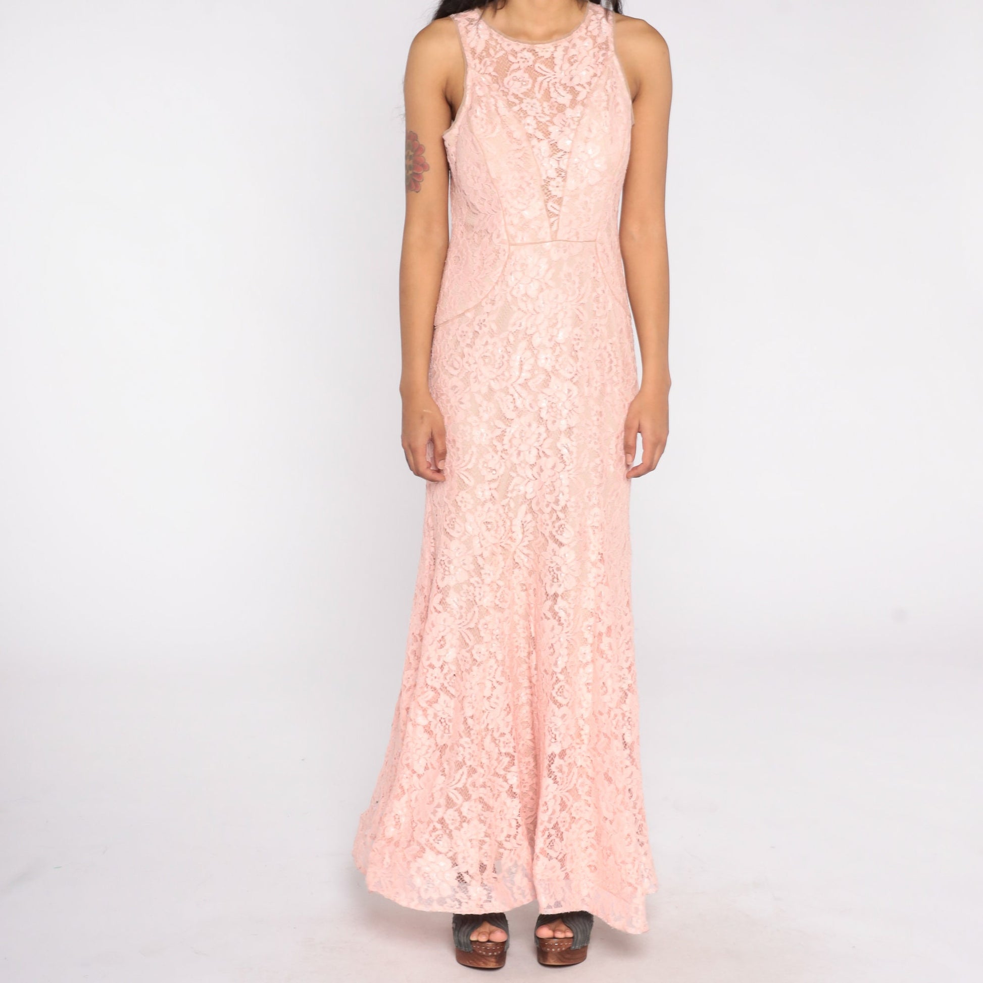 Y2K Baby Pink Lace Maxi Dress Plunge Illusion Neckline Sleeveless Large 12P