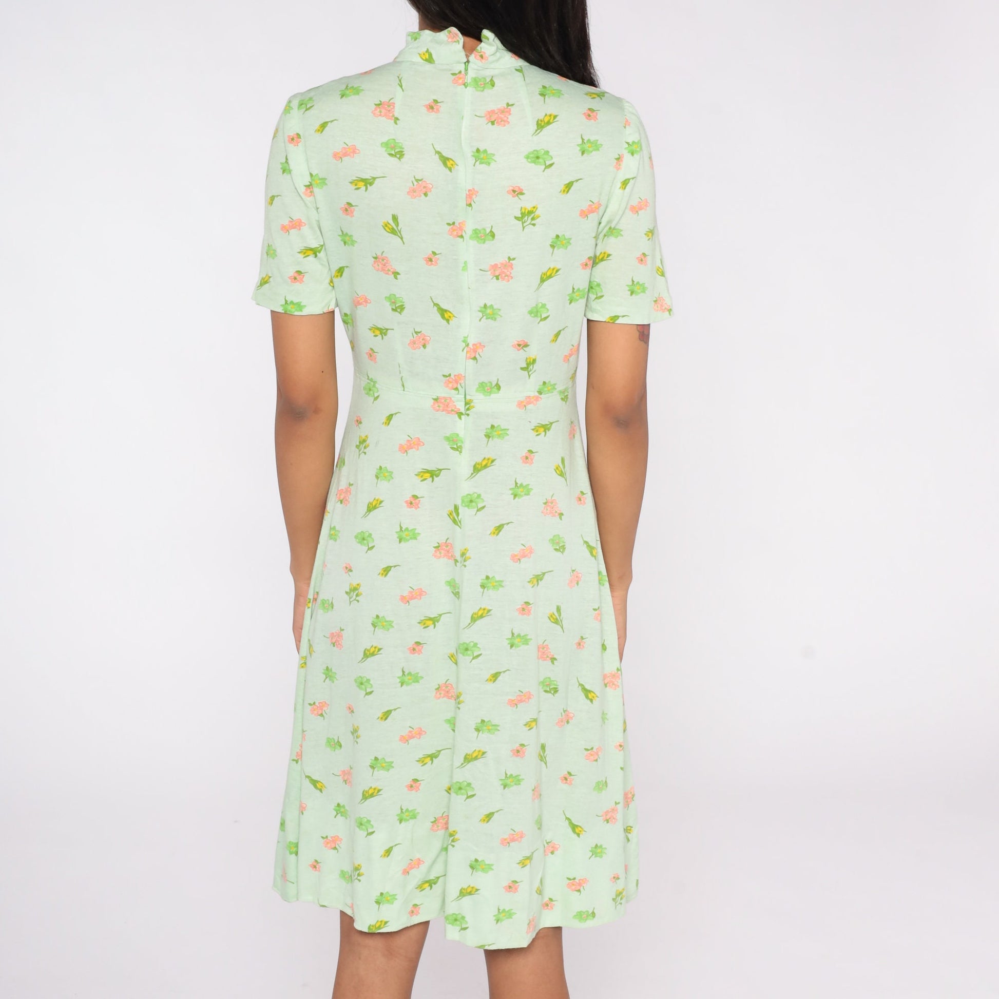60s Green Floral Empire Waist Midi Dress Short Sleeve Small Medium