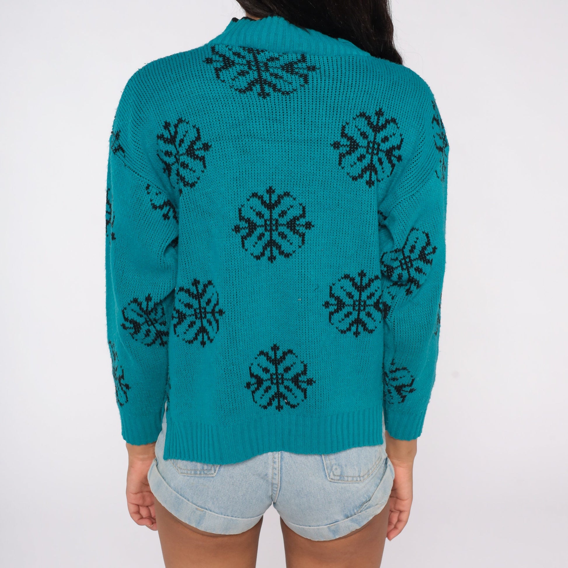 80s Teal Black Floral Knit Sweater Mock Neck Jacquard Pullover Large L