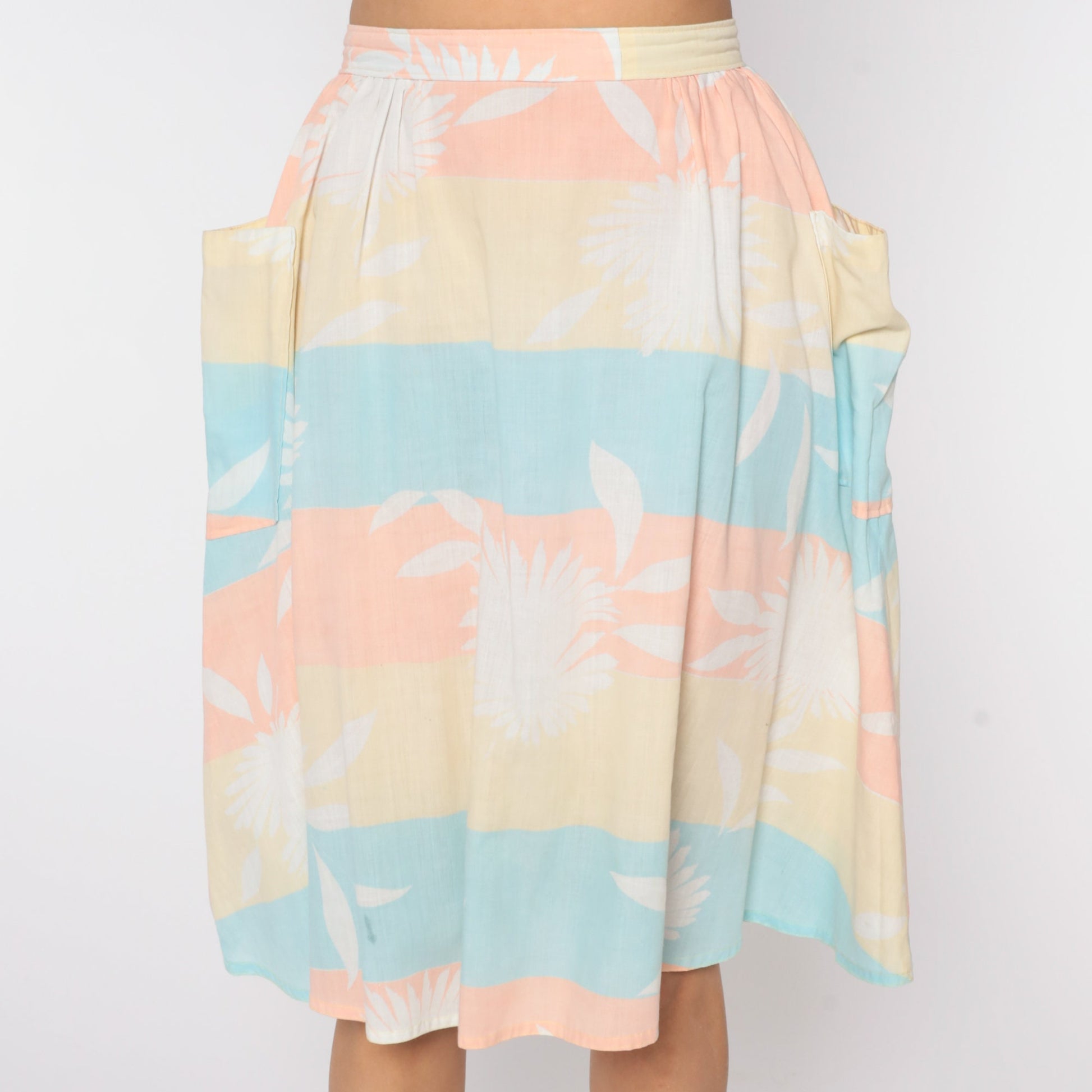 80s Striped Floral Midi Skirt High Waist Yellow Pastel Small