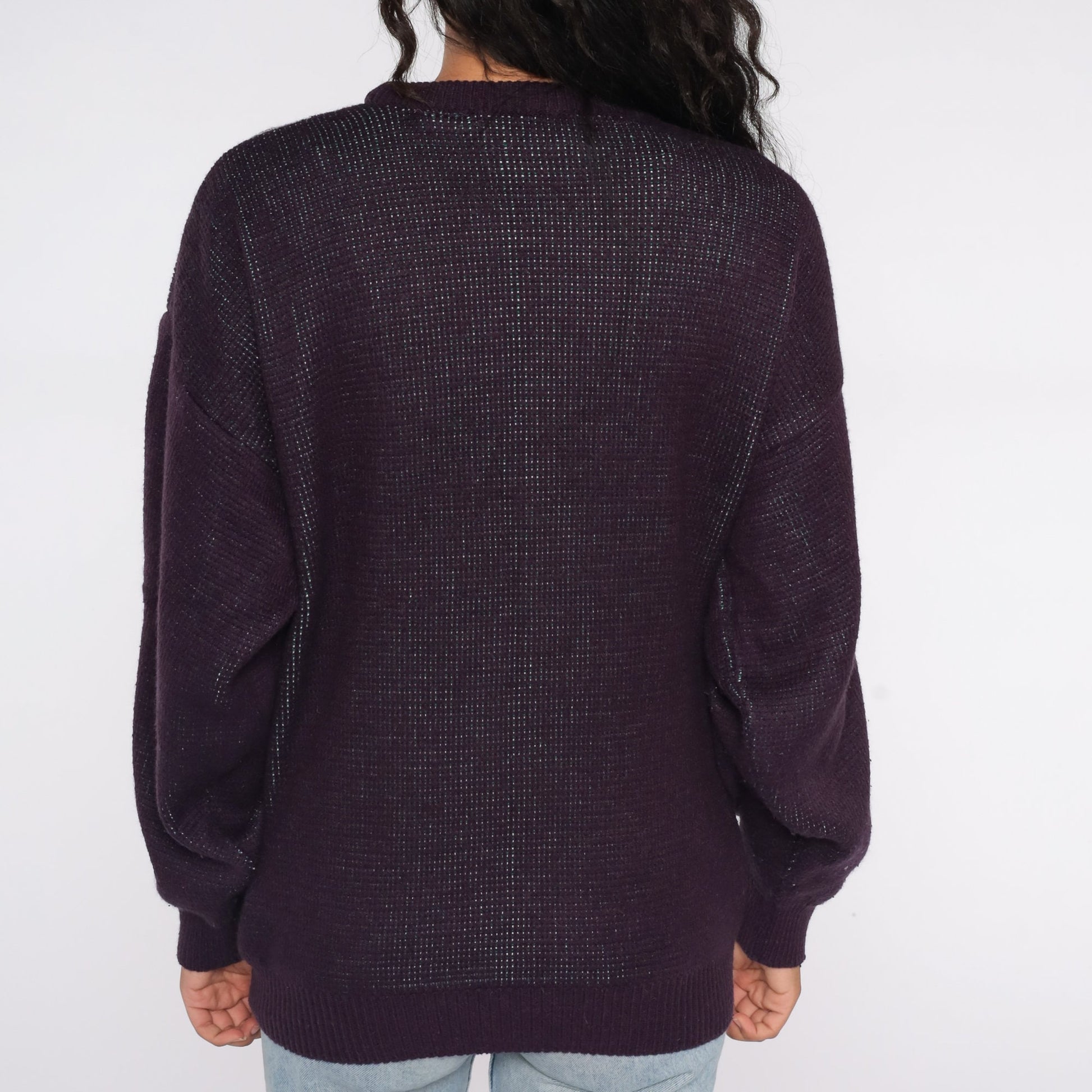 80s Fair Isle Sweater Eggplant Purple Geometric Knit Crewneck Extra Large