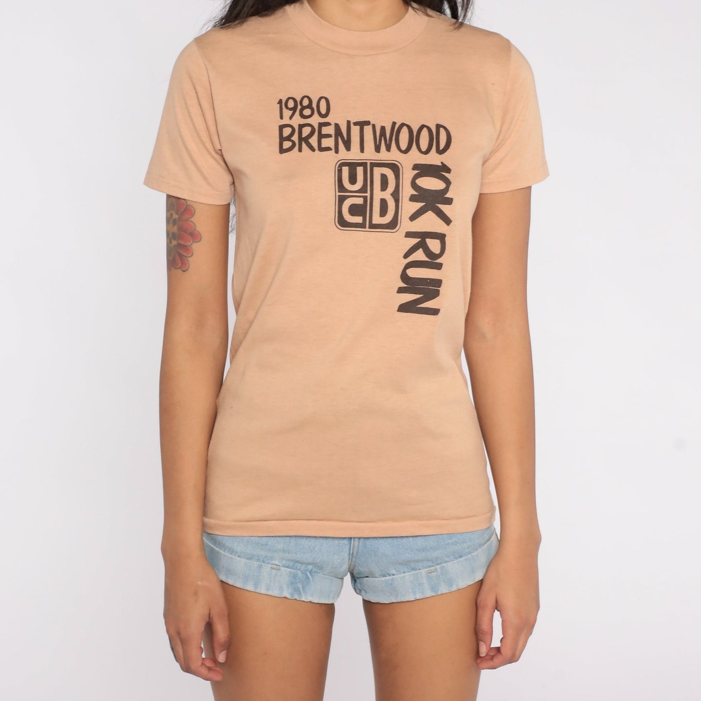 80s Brentwood 10K Run 1980 Graphic Tee Single Stitch Tan Brown Extra Small