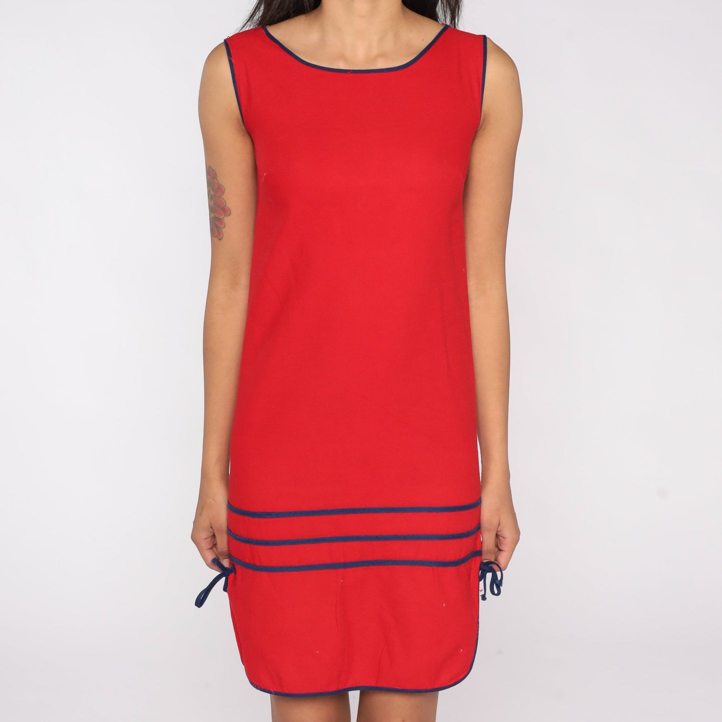 80s Red Mini Sheath Dress Striped Trim Sleeveless Extra Small