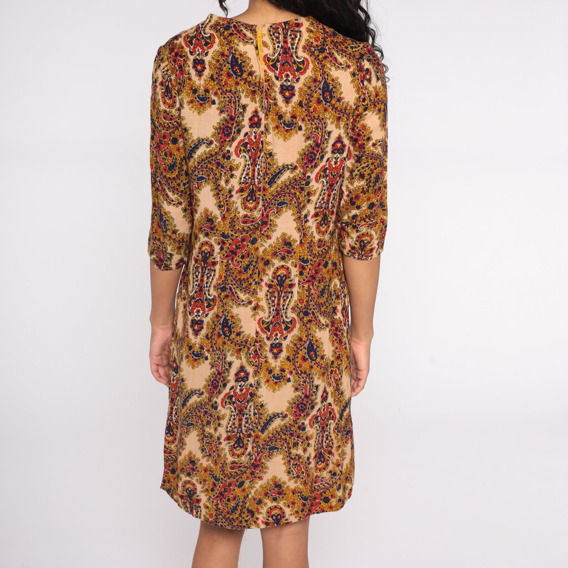 70s Paisley Floral Shift Dress Tan V-Neck Medium M