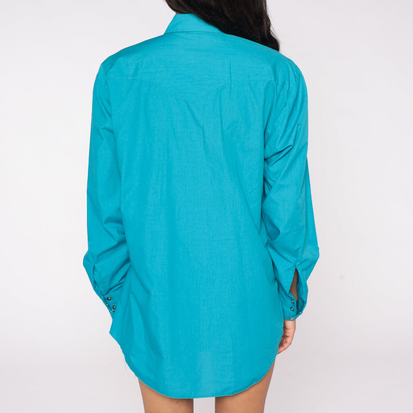 70s Turquoise Western Shirt Pearl Snap Dagger Collar Long Sleeve Men's Large