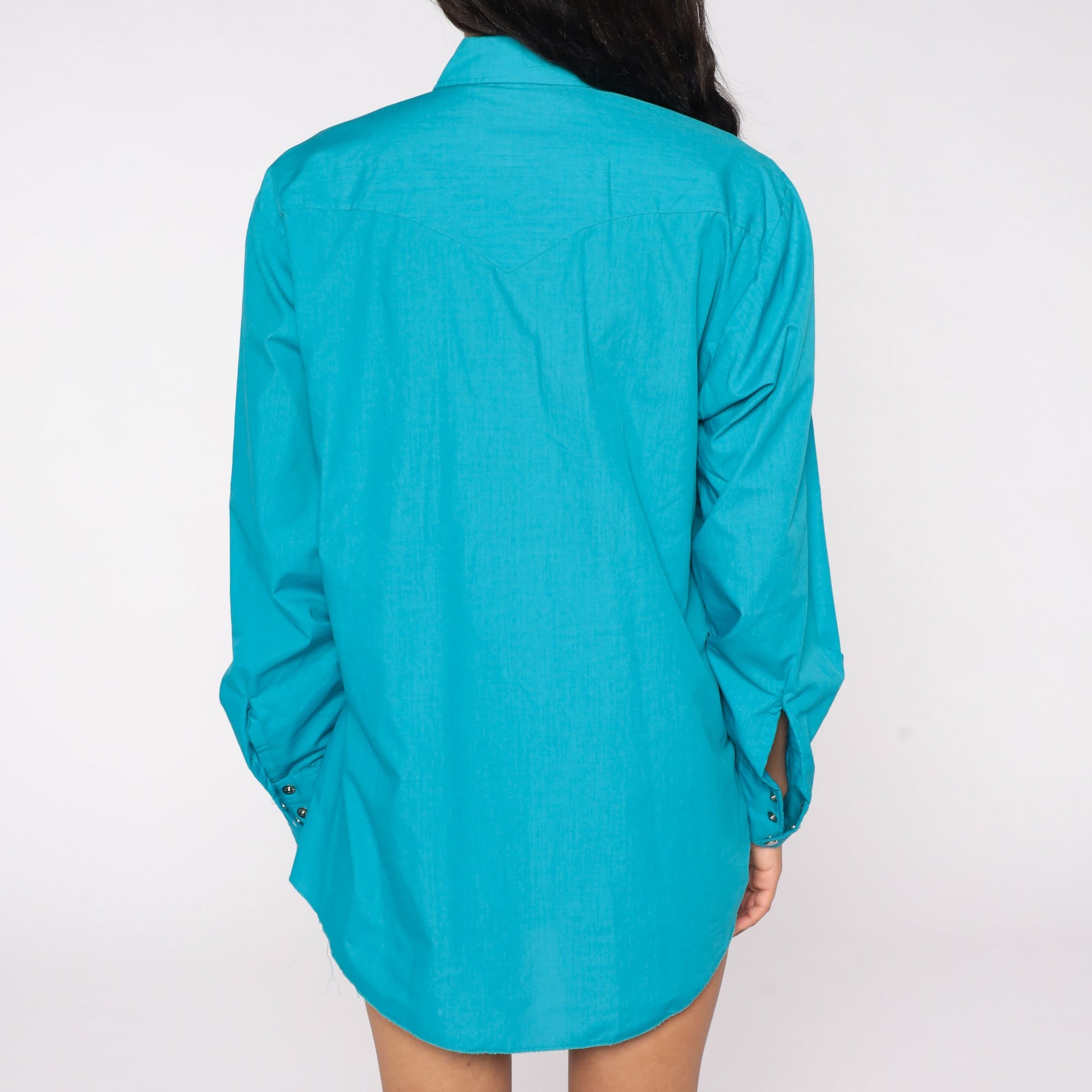 70s Turquoise Western Shirt Pearl Snap Dagger Collar Long Sleeve Men's Large
