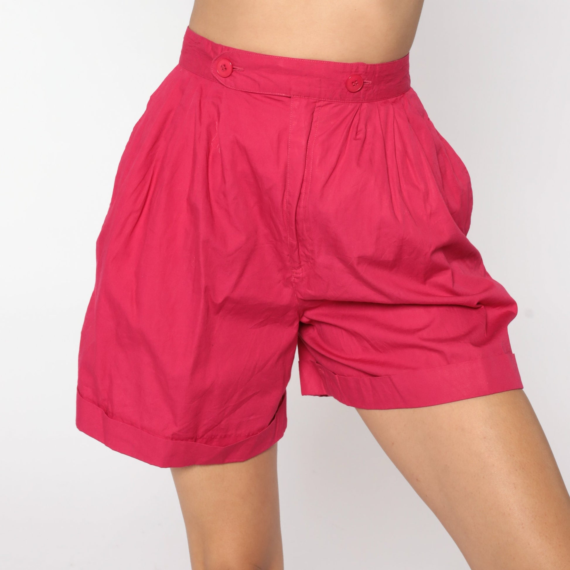 80s Deep Pink High-Waisted Pleated Cotton Shorts Small