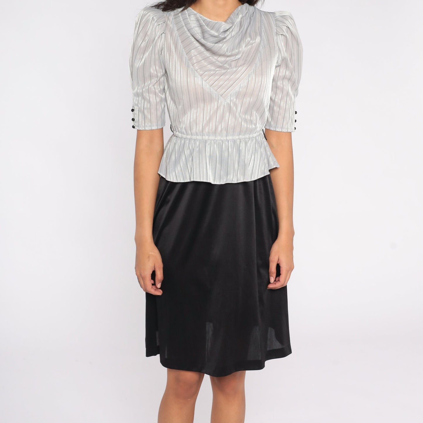 80s Peplum Dress Puff Sleeve Cowl Neck Silver Grey Midi Small