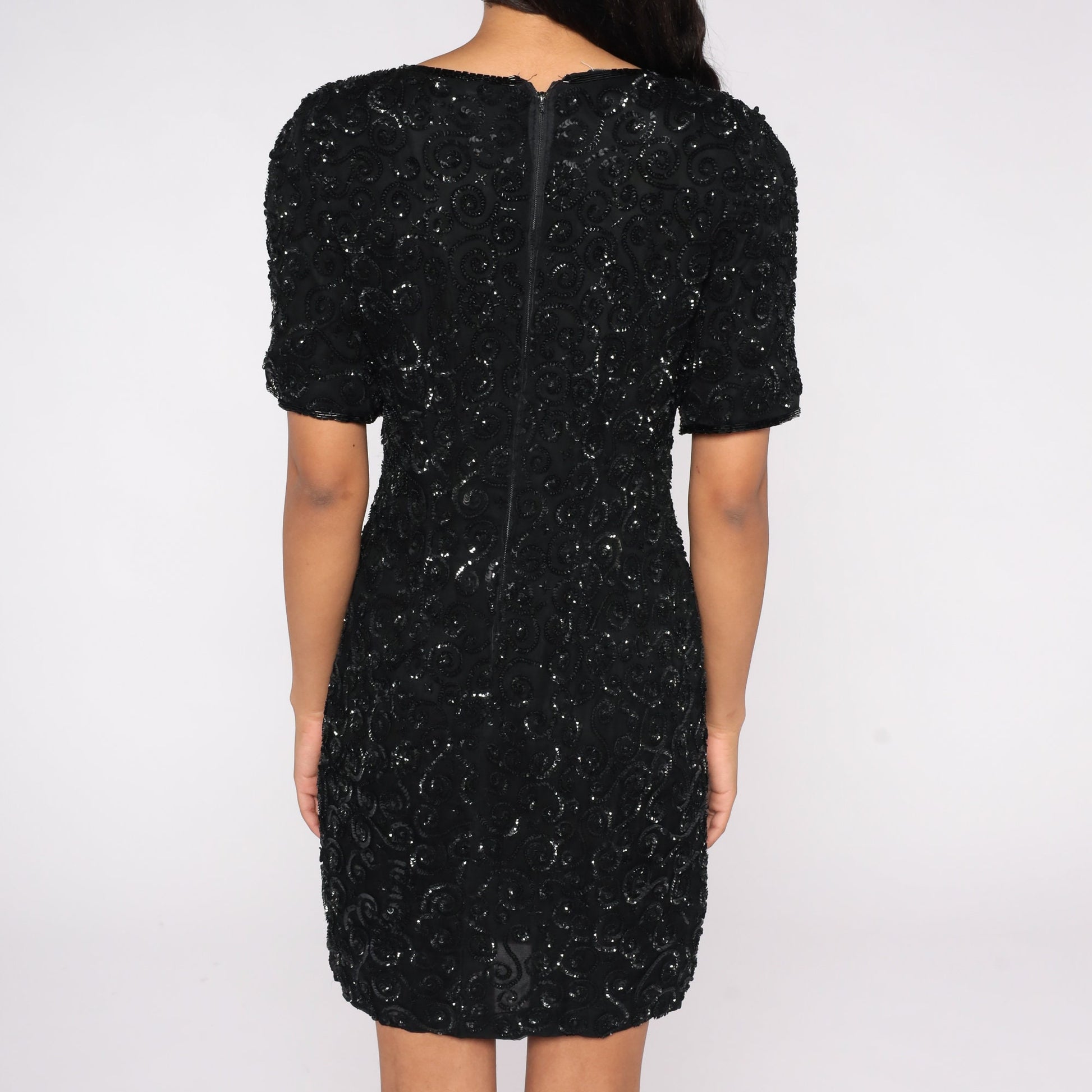 80s Black Silk Sequin Mini Dress Short Sleeve Zipper Back Small S