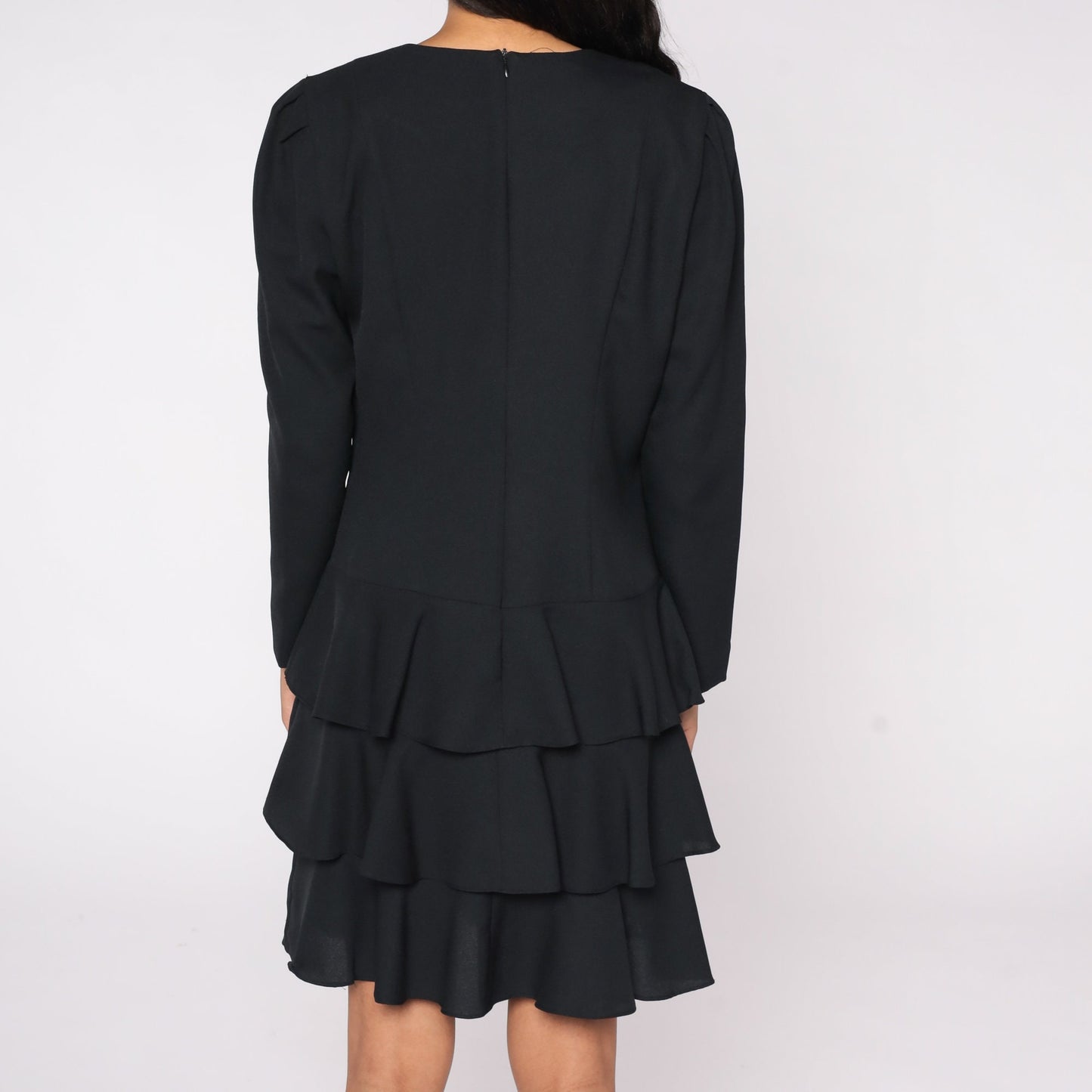 80s Black Drop Waist Dress Ruffled Skirt Puff Sleeve Bow Medium