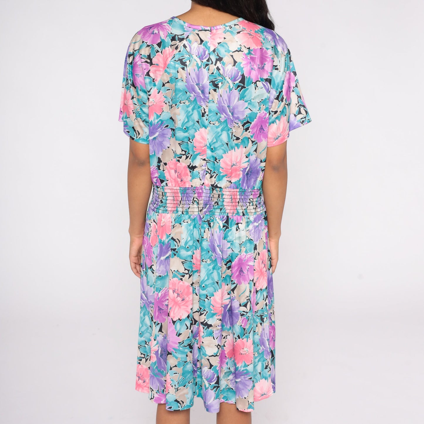 80s Floral Midi Dress Elastic Waist Short Sleeve Blouson Large L