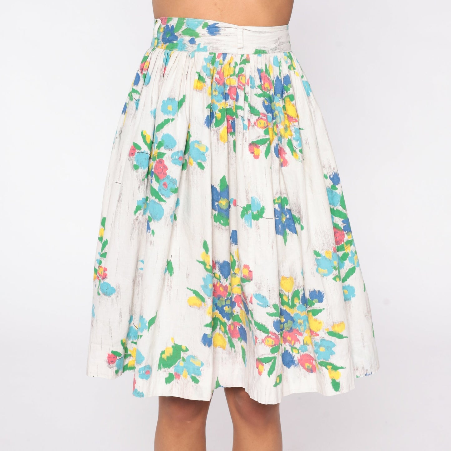 60s Floral Mini Skirt Pleated High Waist White Watercolor Cotton XS