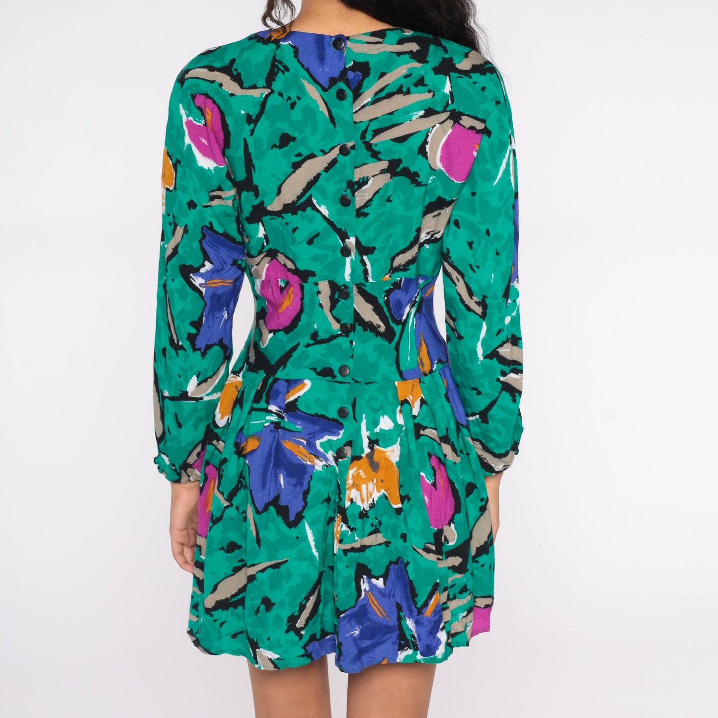 80s Floral Wrap Dress Mini V-Neck High Waisted Long Sleeve Green Pink Purple Medium