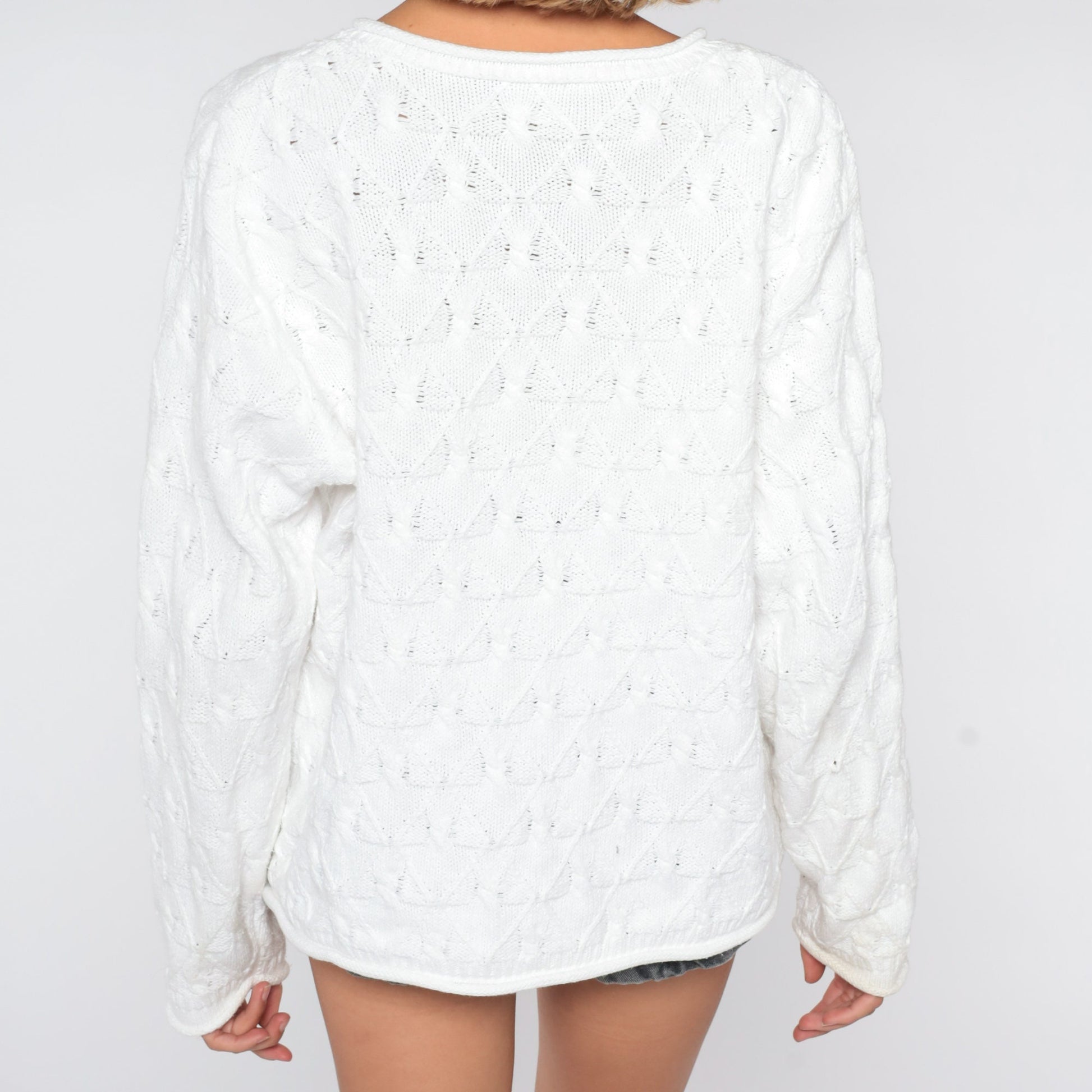 90s White Textured Knit Sweater Diamond Brocade Pullover Large L