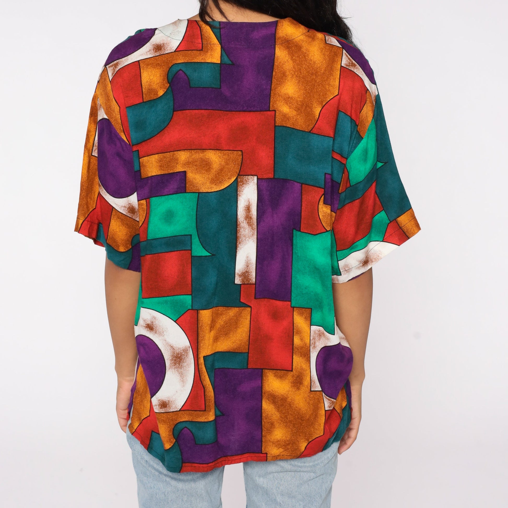 90s Geometric Print Button-Up Blouse Short Sleeve Shirt Medium M