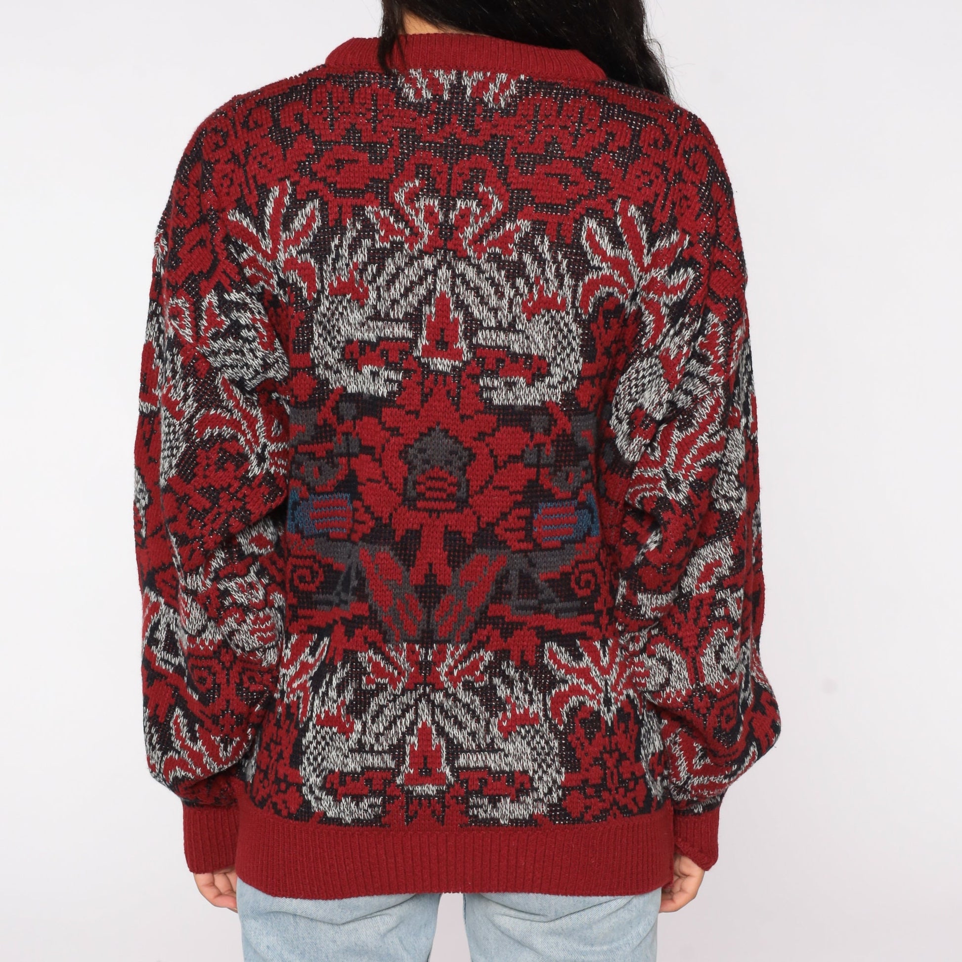90s Geometric Jacquard Sweater Red Blue Abstract Knit Crewneck Extra Large