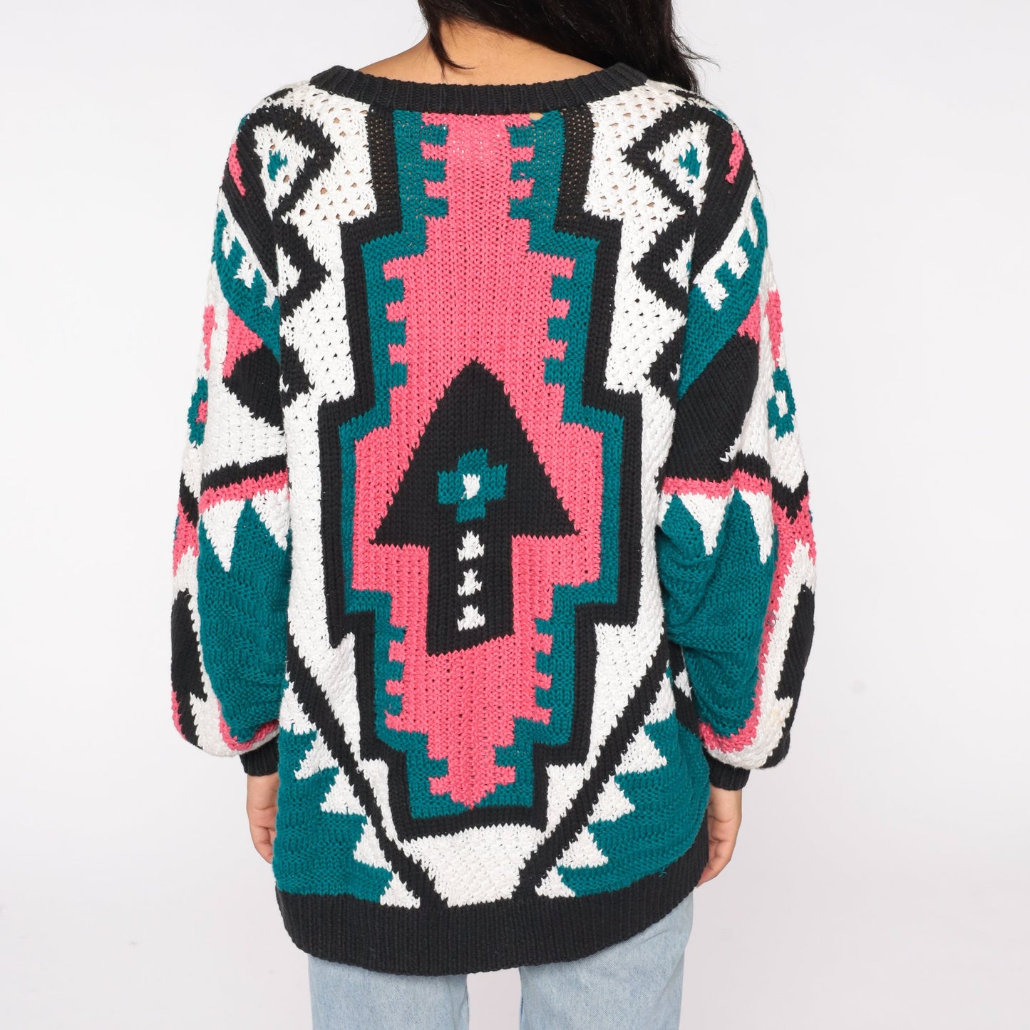 80s Geometric Knit Sweater V Neck Balloon Sleeve Pink Green Southwestern Medium