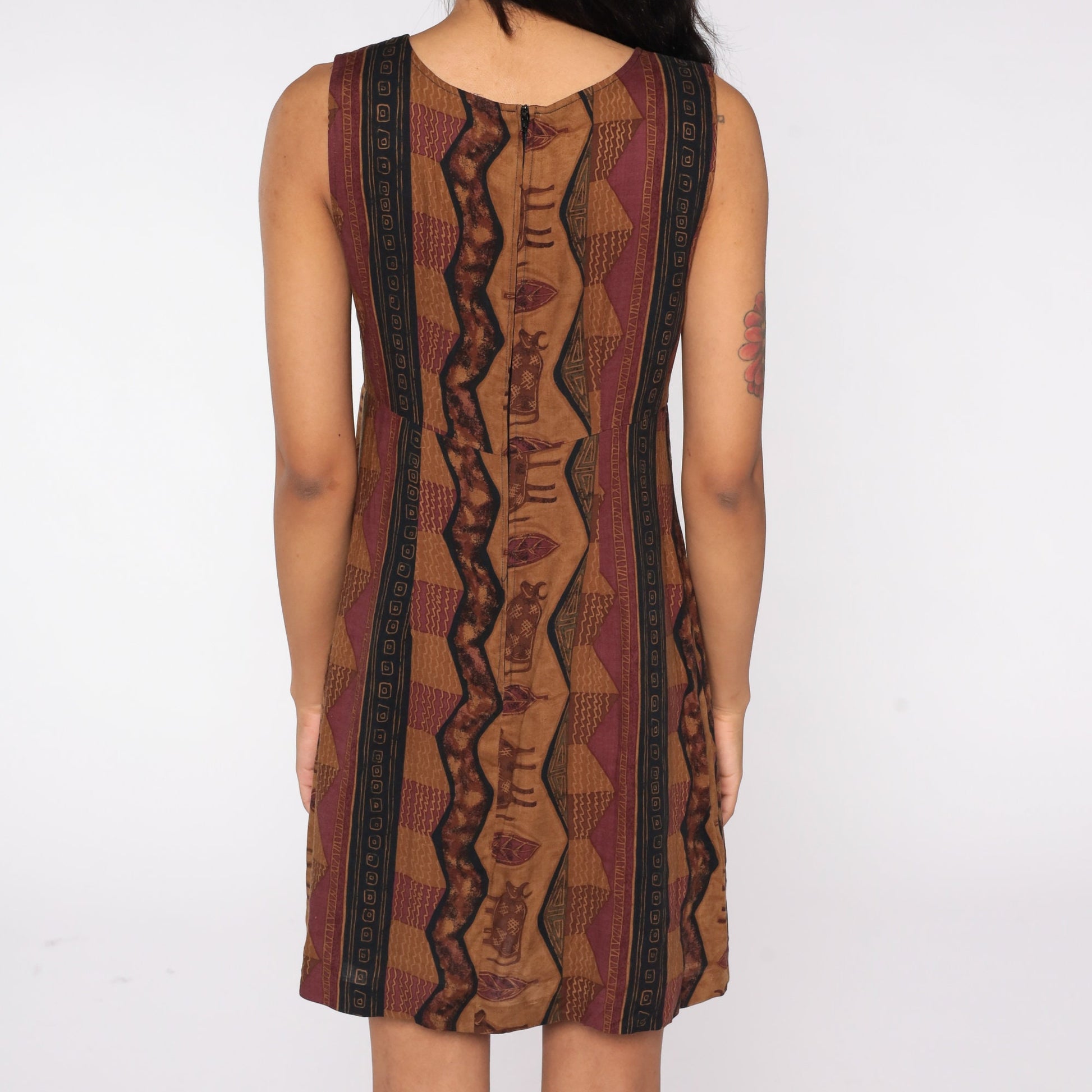 90s Brown Cow Petroglyph Print Mini Dress Tank Straps Zipper Medium